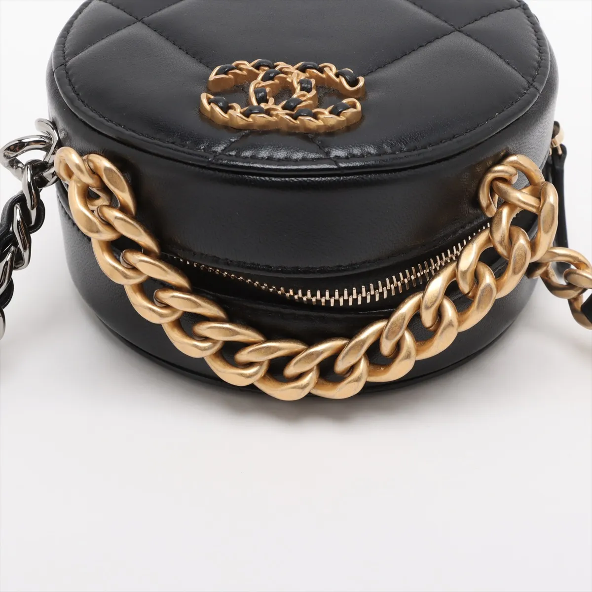 19 Lambskin Chain Shoulder Bag Round Black Gold x Silver Hardware Random Serial — view 5