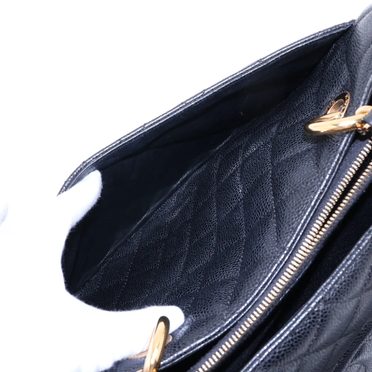 GST Caviar Skin Chain Tote Bag, Black with Gold Hardware, 16074660, Serial Number 16 — view 12