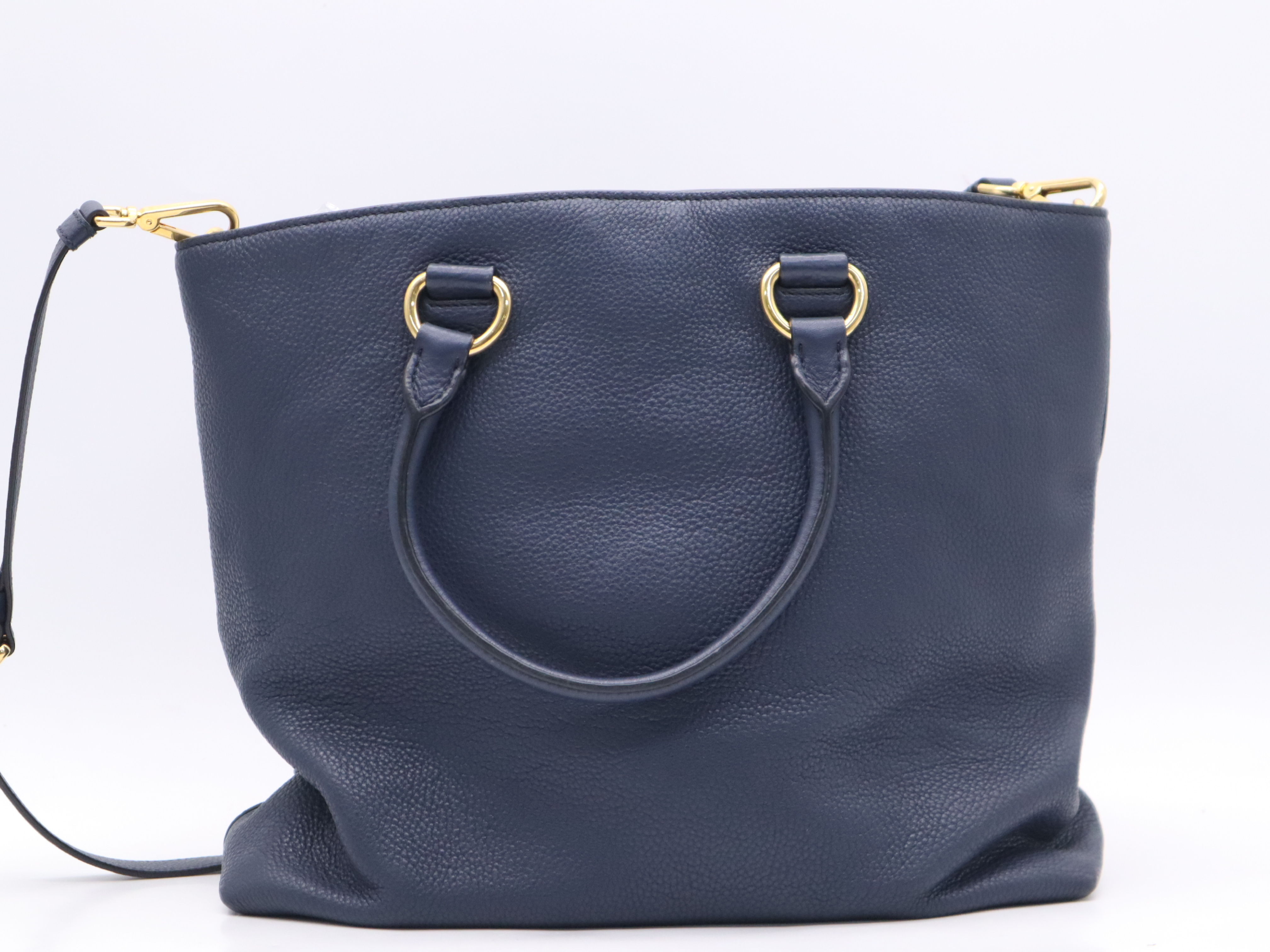Leather 2-Way Tote Bag, Blue, Gold Hardware, with Shoulder Strap and Name Tag, Handbag — view 2