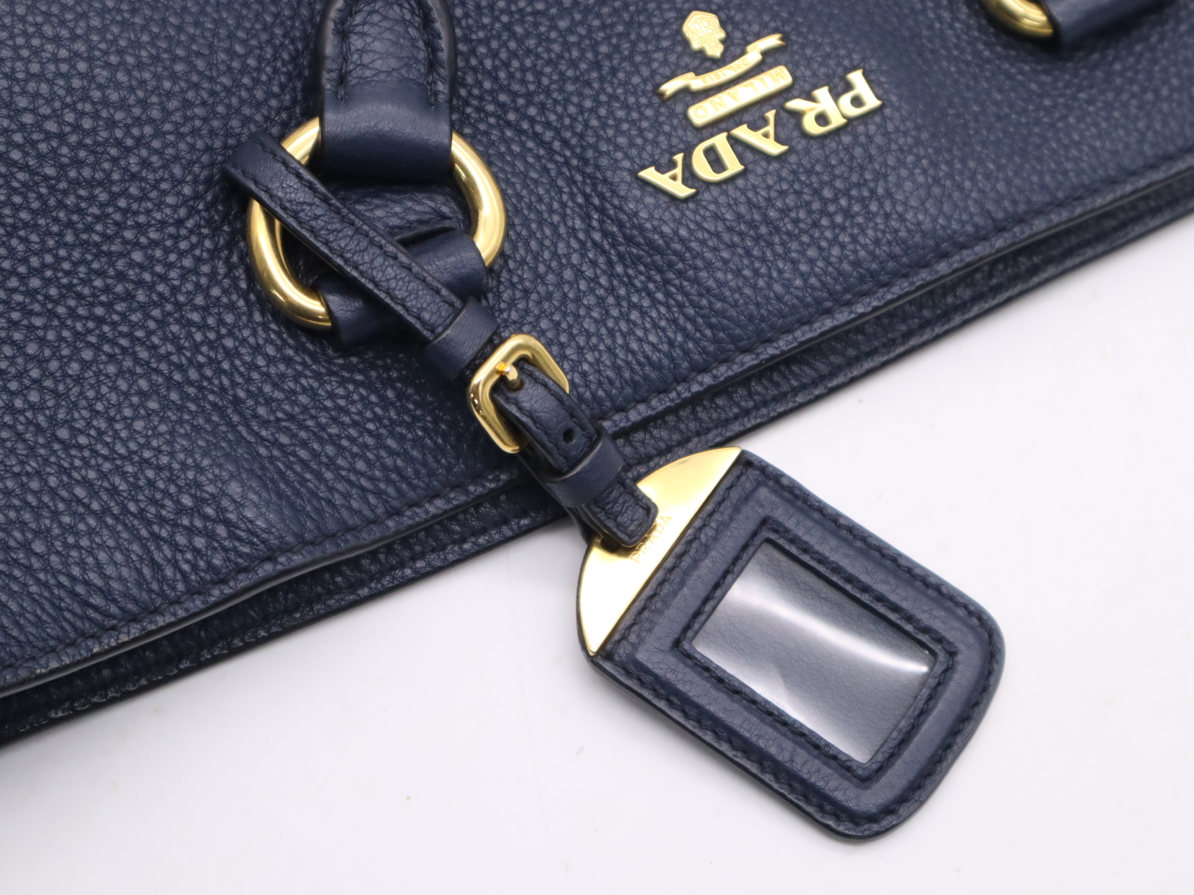 Leather 2-Way Tote Bag, Blue, Gold Hardware, with Shoulder Strap and Name Tag, Handbag — view 14
