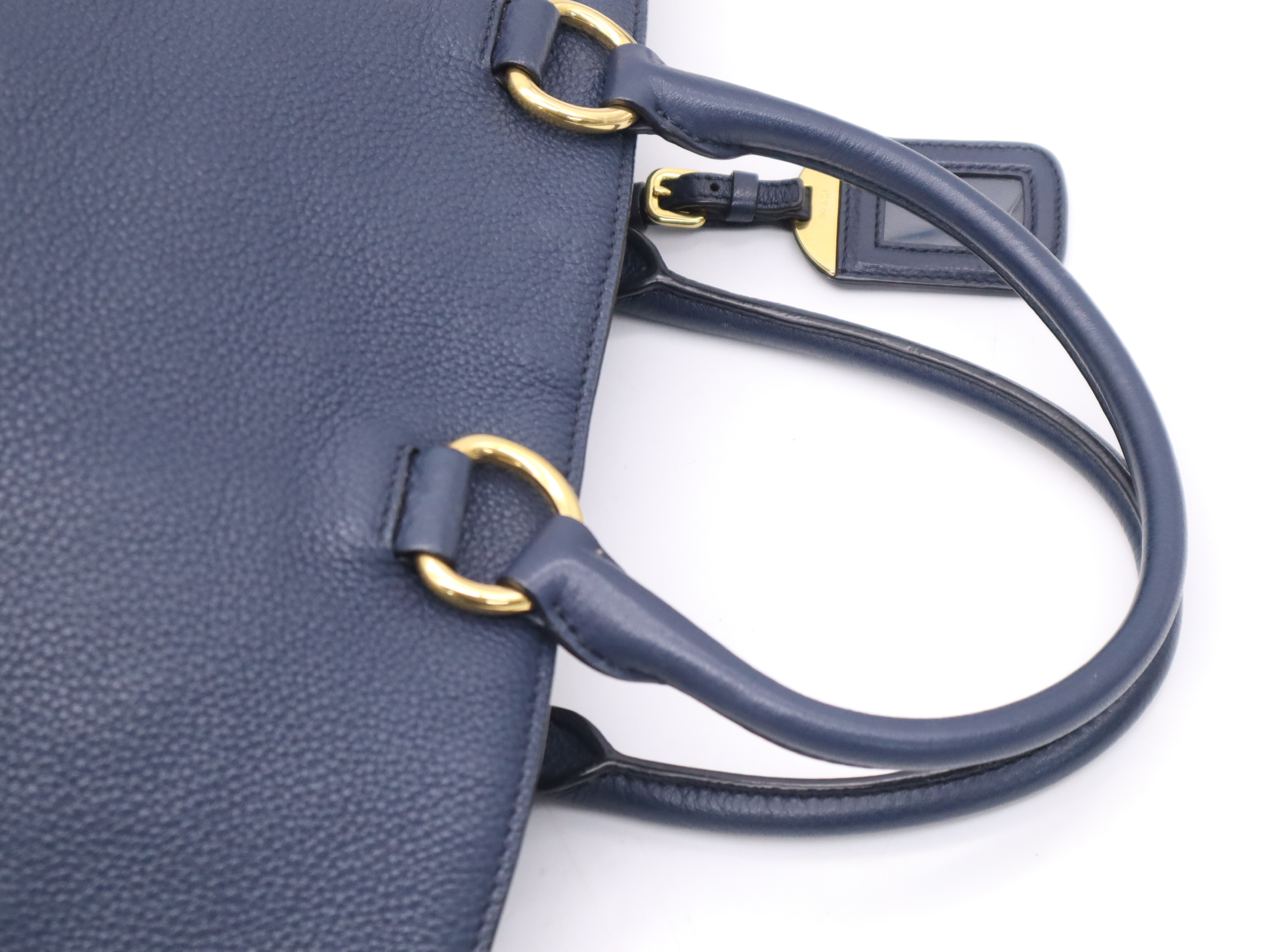 Leather 2-Way Tote Bag, Blue, Gold Hardware, with Shoulder Strap and Name Tag, Handbag — view 6