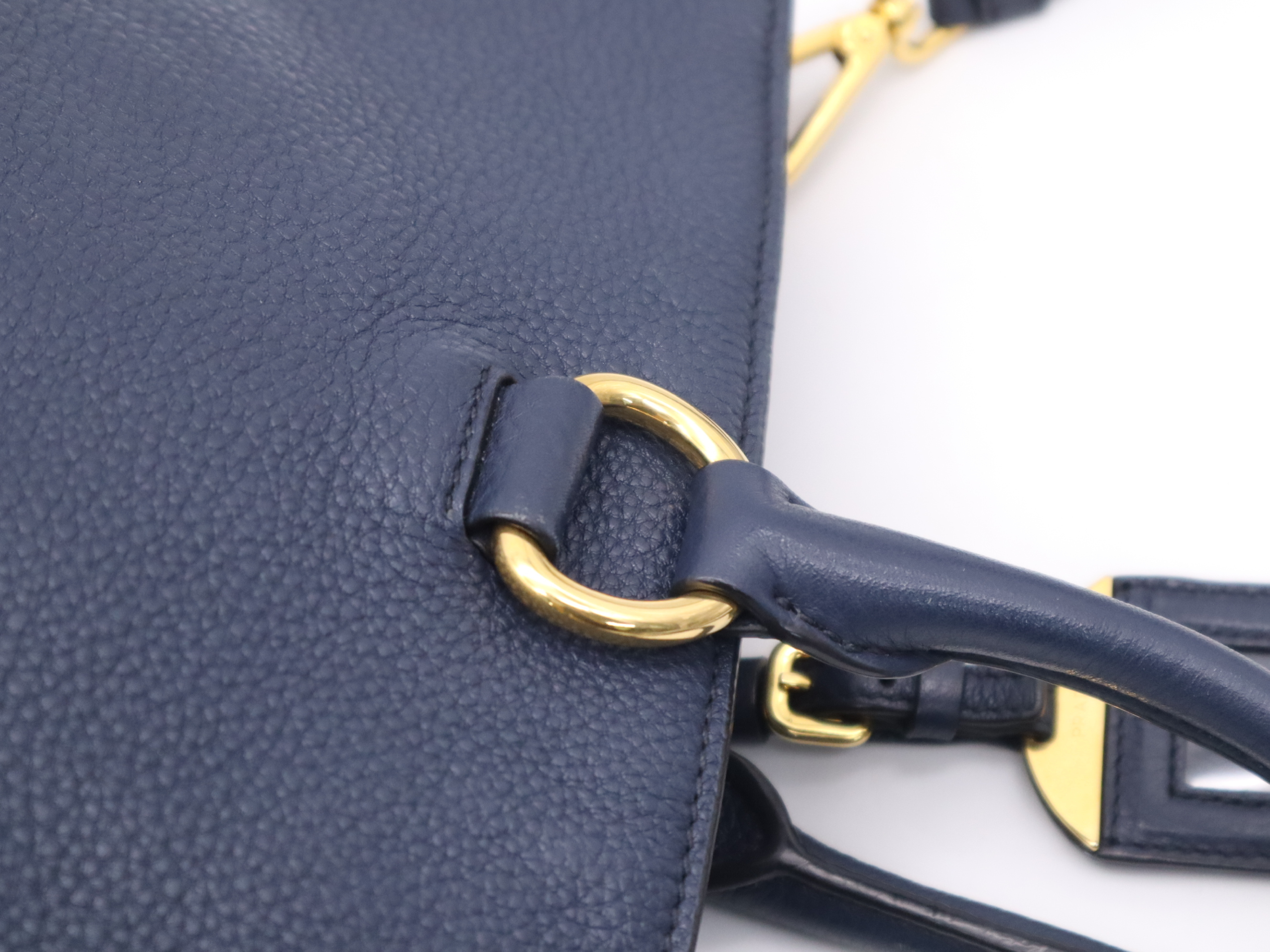 Leather 2-Way Tote Bag, Blue, Gold Hardware, with Shoulder Strap and Name Tag, Handbag — view 7