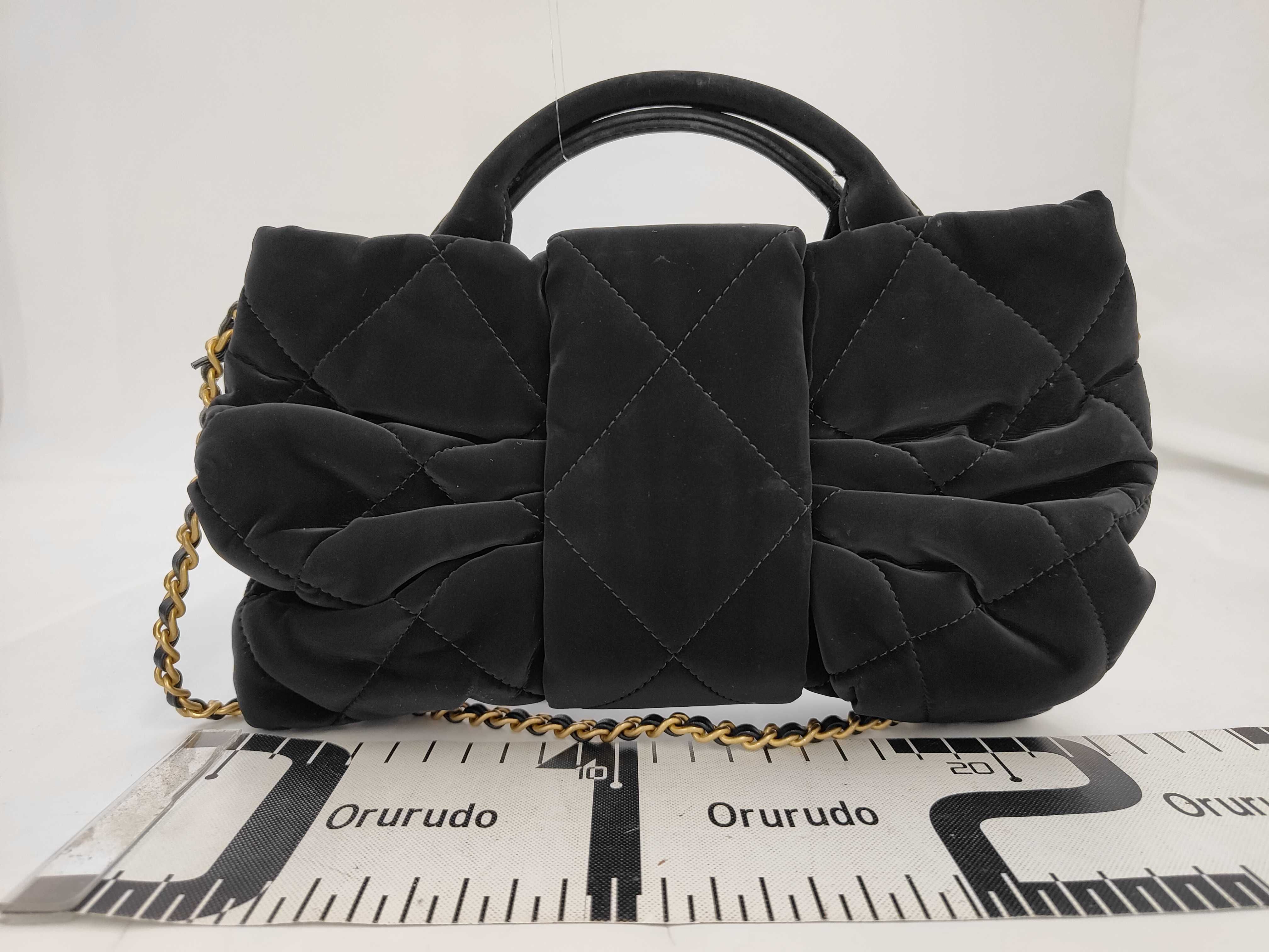 Mini Bow Bag, Velvet Effect Nylon, AS5849, Black, Gold Hardware, Shoulder Bag — view 2