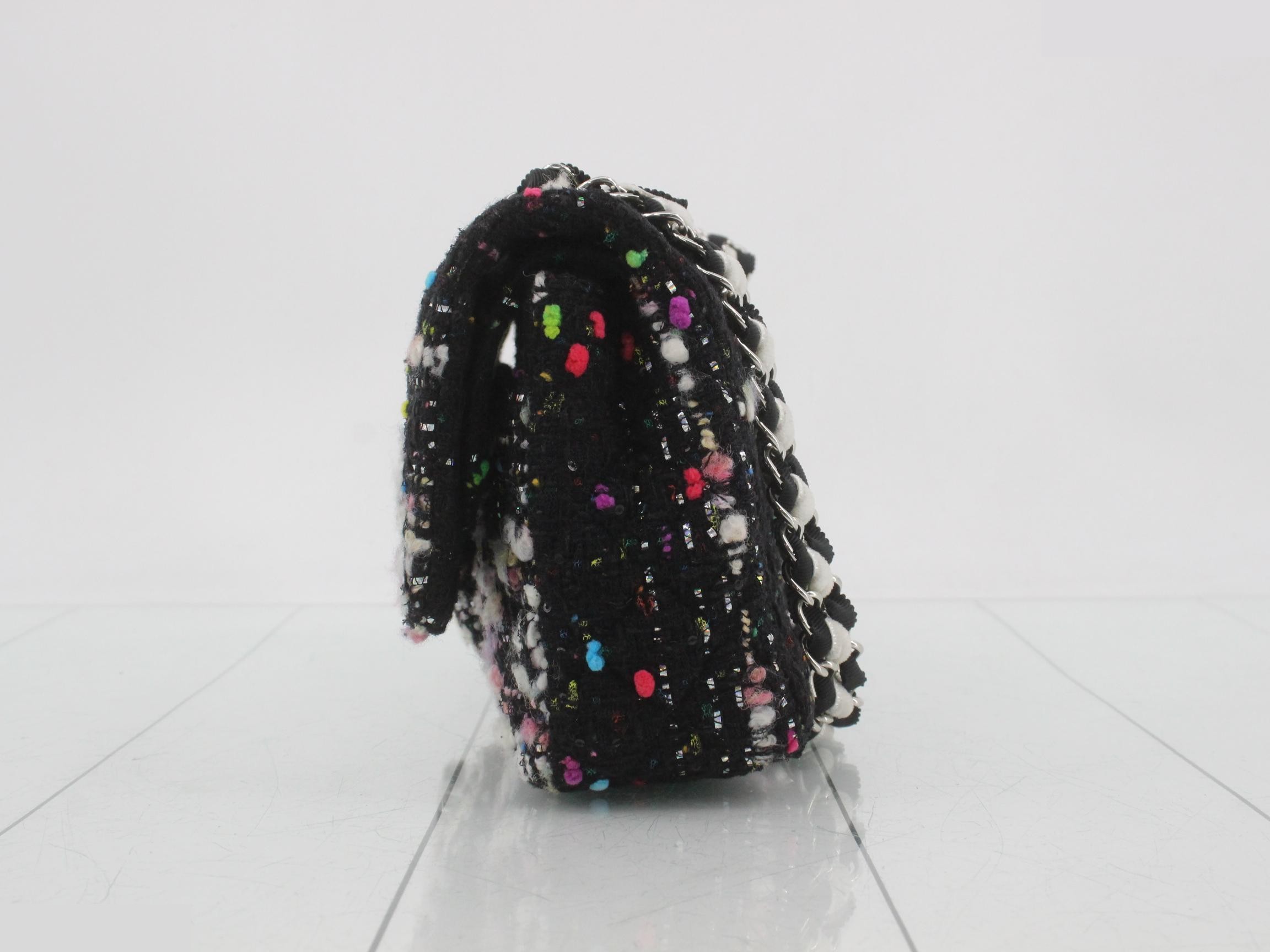 Double flap tweed chain shoulder bag, black — view 3