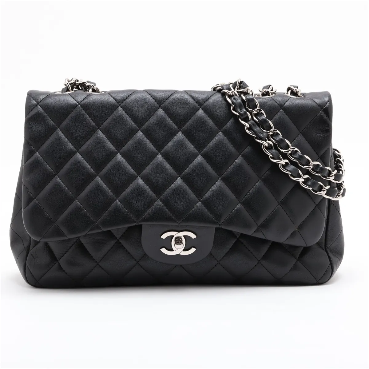 Large Matelassé 30 Lambskin Single Flap Double Chain Bag, Black with Silver Hardware, 12328759, Serial Number 12-series, A28600