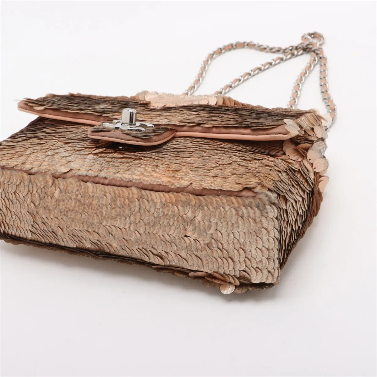 Coco Mark Sequins x Leather Single Flap Double Chain Bag Orange Silver Hardware 16252501 No. 16 — view 3