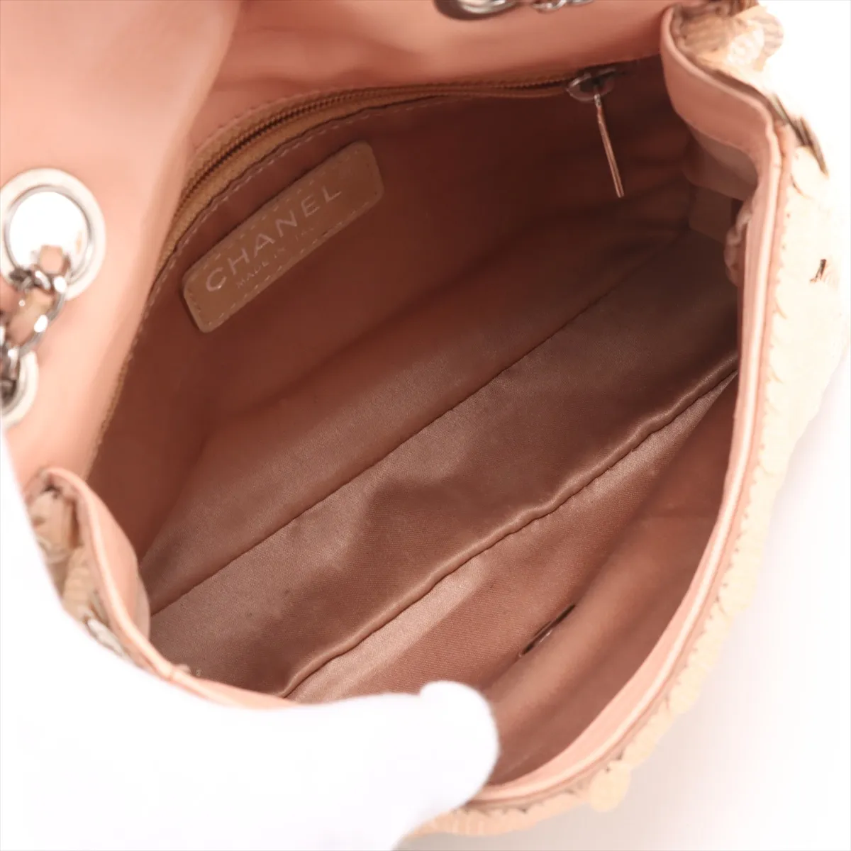 Coco Mark Sequins x Leather Single Flap Double Chain Bag Orange Silver Hardware 16252501 No. 16 — view 7