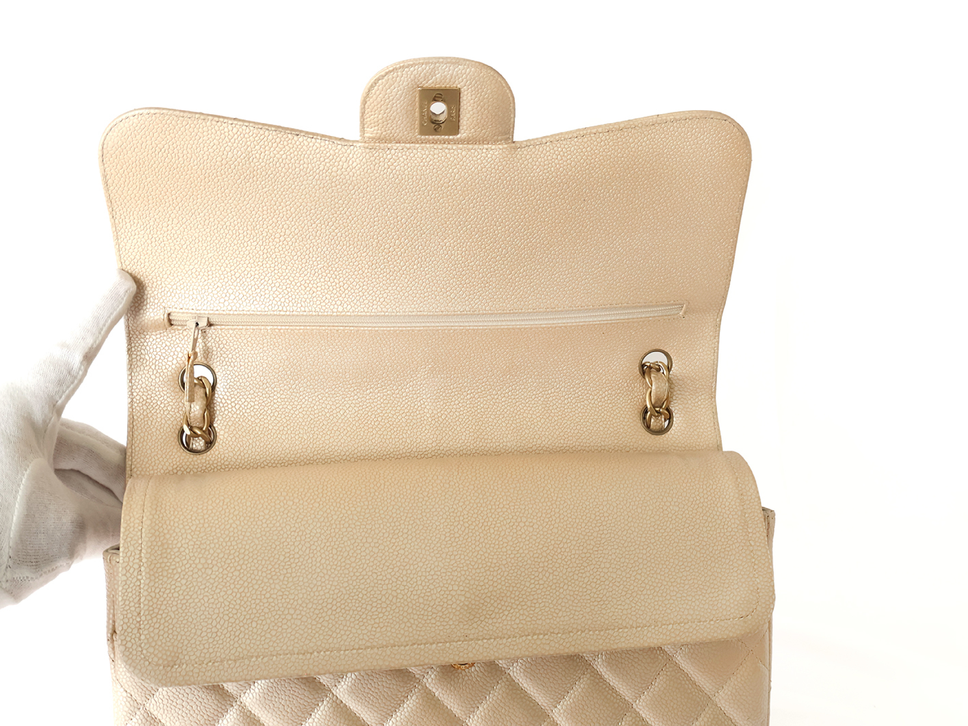 (with original seal, serial number 16 series) Large Matelassé Caviar Leather Double Flap Double Chain Shoulder Bag with Pearls — view 11