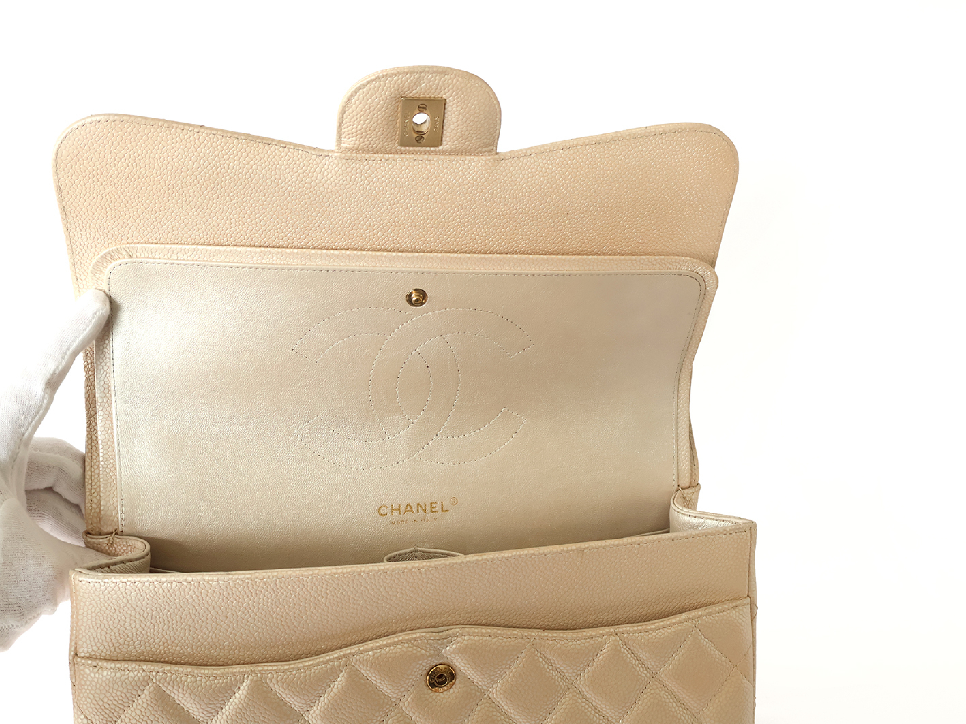 (with original seal, serial number 16 series) Large Matelassé Caviar Leather Double Flap Double Chain Shoulder Bag with Pearls — view 12