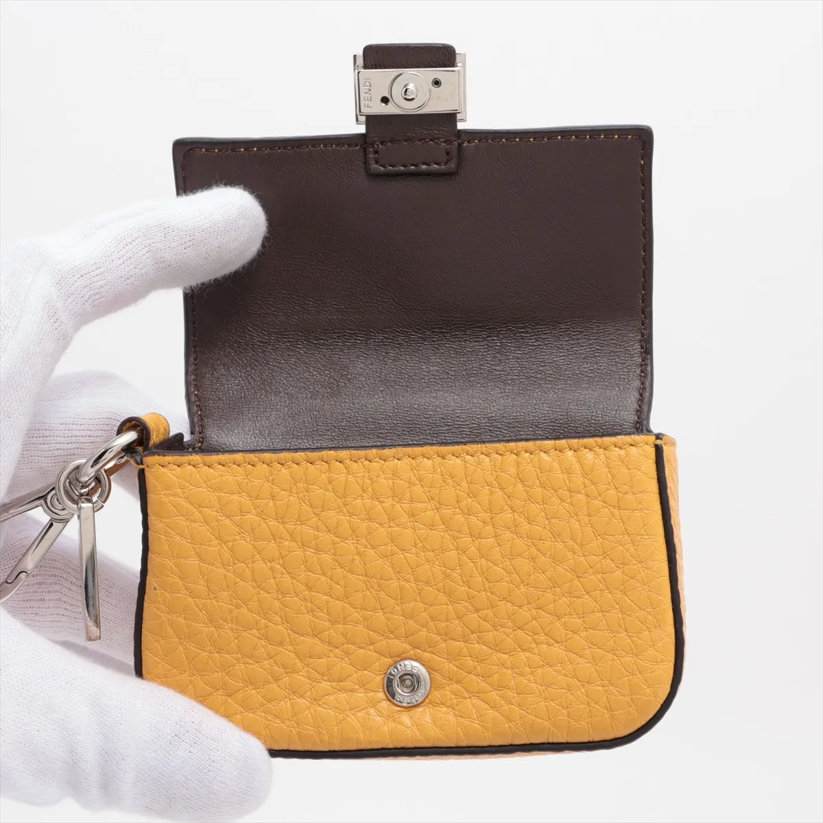 7AR809 Nano Baguette Bag Charm, Leather, Yellow x Silver. Shows signs of wear, — view 3