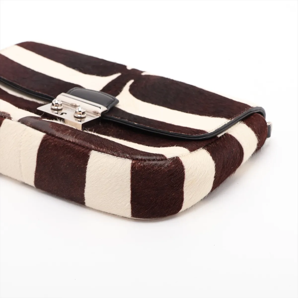 Calf Hair x Leather Chain Shoulder Bag Brown x White — view 3