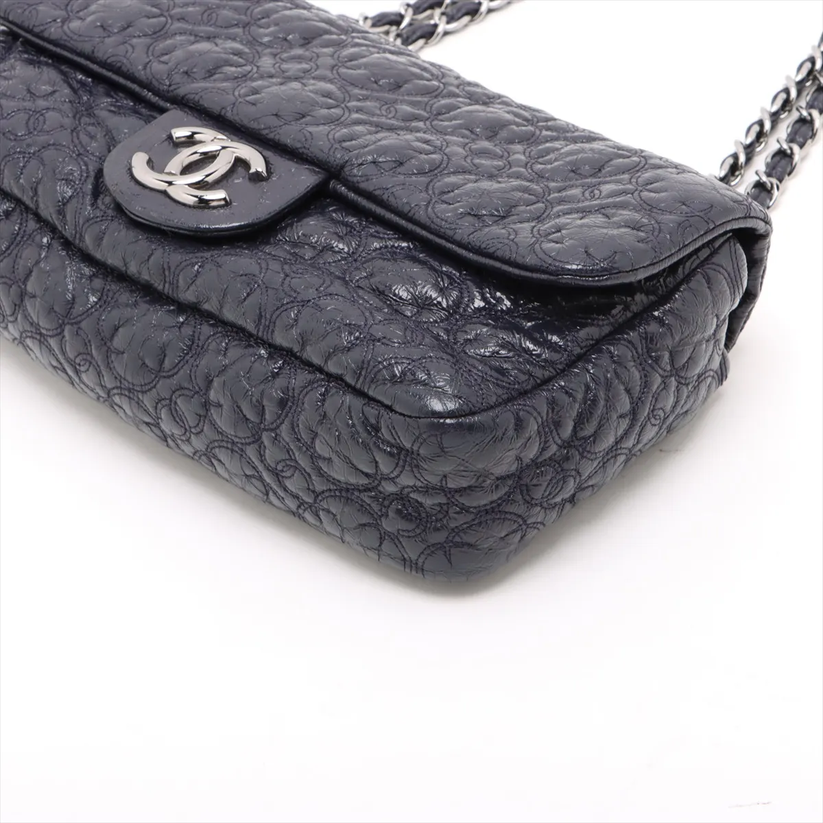 Camellia Patent Leather Single Flap Double Chain Bag, Navy, Silver Hardware, 12979093, Series 12 — view 3