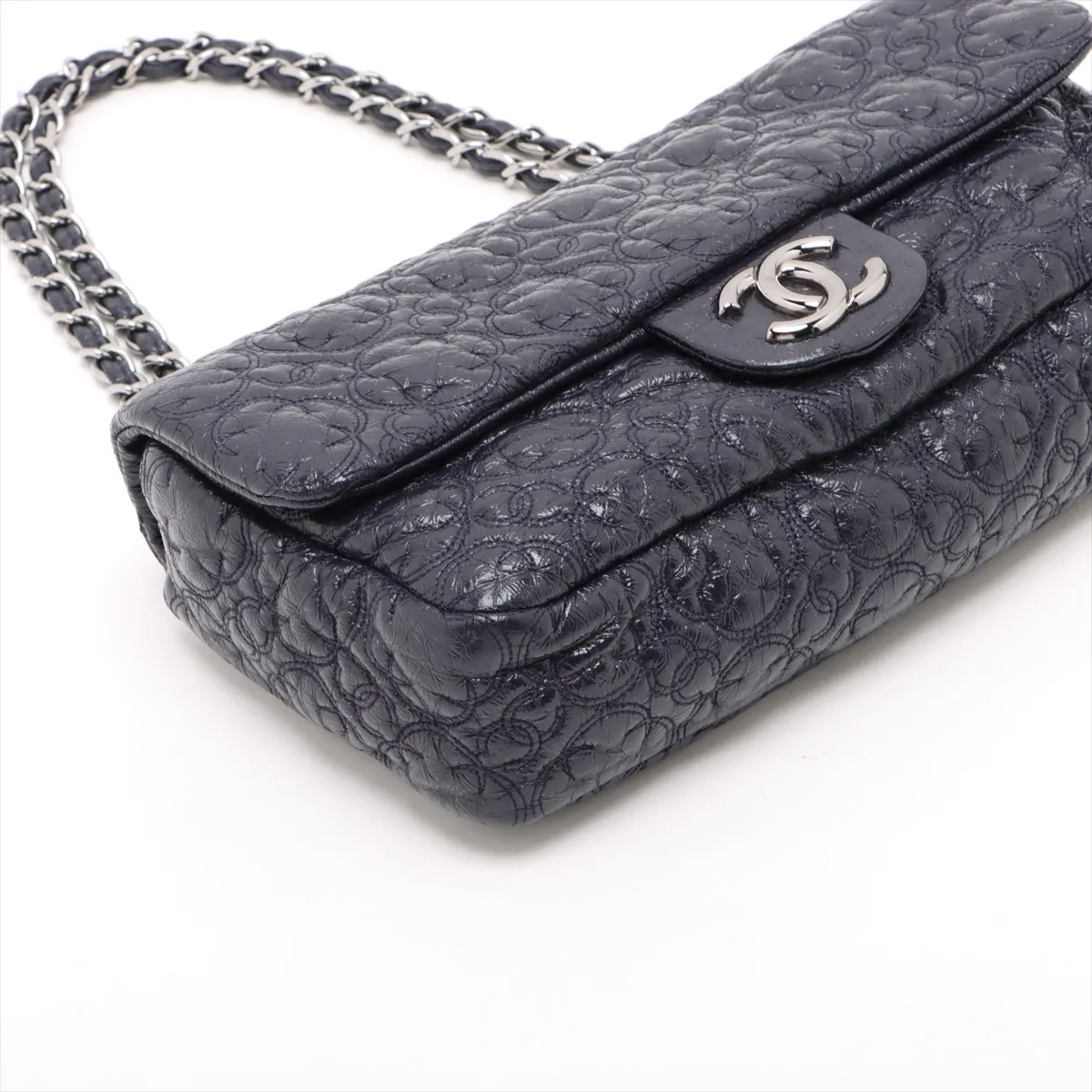 Camellia Patent Leather Single Flap Double Chain Bag, Navy, Silver Hardware, 12979093, Series 12 — view 4