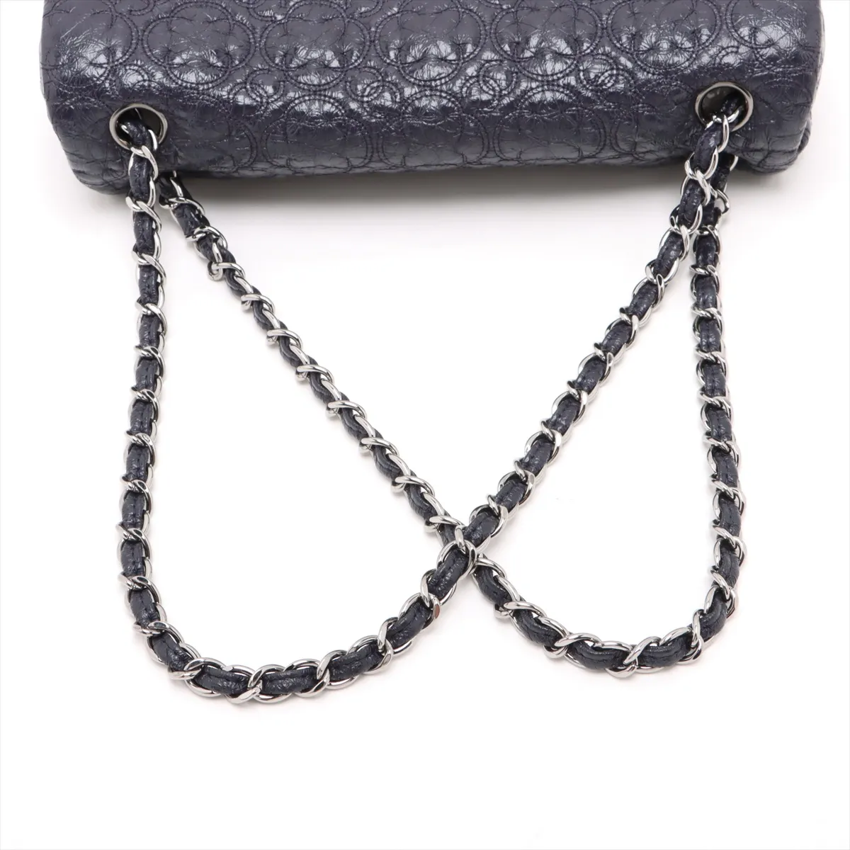 Camellia Patent Leather Single Flap Double Chain Bag, Navy, Silver Hardware, 12979093, Series 12 — view 5