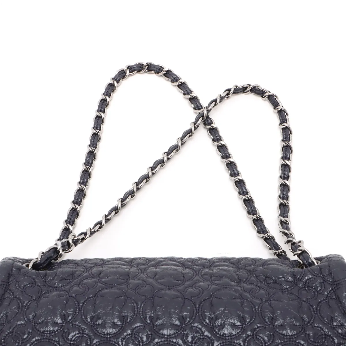 Camellia Patent Leather Single Flap Double Chain Bag, Navy, Silver Hardware, 12979093, Series 12 — view 6