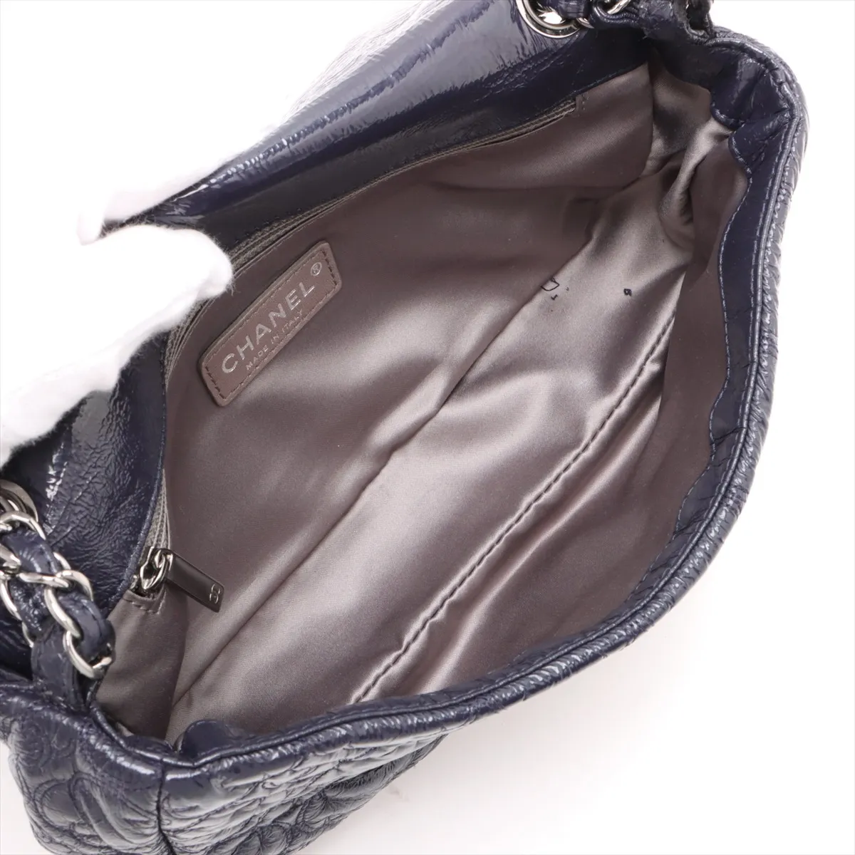 Camellia Patent Leather Single Flap Double Chain Bag, Navy, Silver Hardware, 12979093, Series 12 — view 7