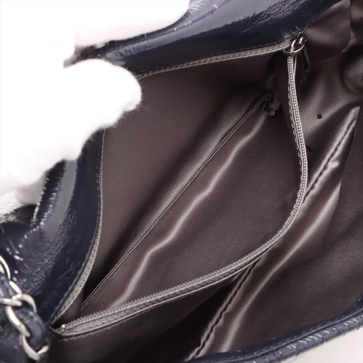 Camellia Patent Leather Single Flap Double Chain Bag, Navy, Silver Hardware, 12979093, Series 12 — view 8
