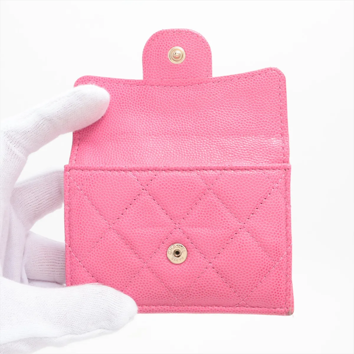 Matelassé Caviar Skin Compact Wallet, Pink with Gold Hardware, 29958734 — view 3