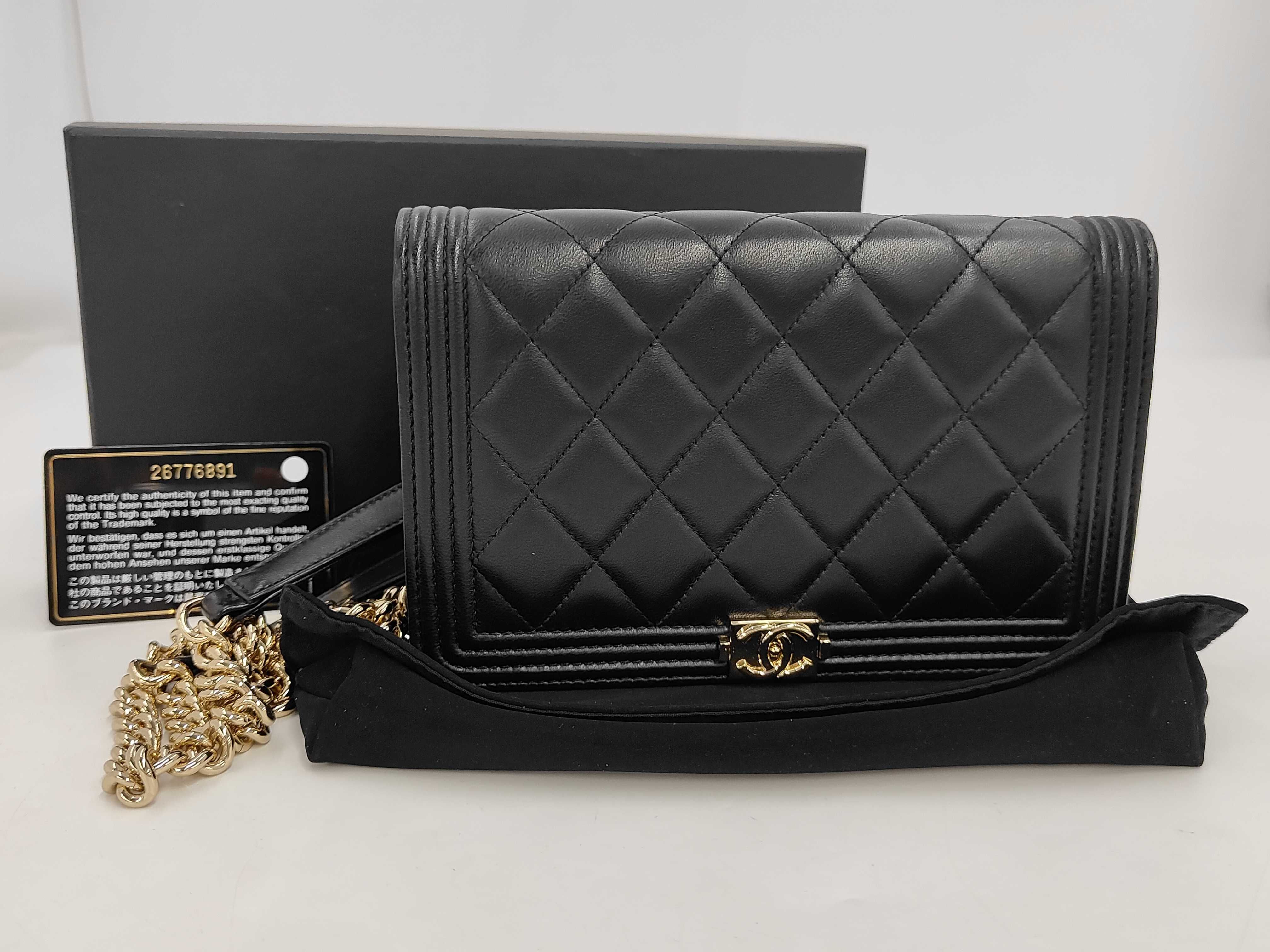 Boy Chanel Chain Shoulder Bag, Black Lambskin, Gold Hardware, Matelassé Bag