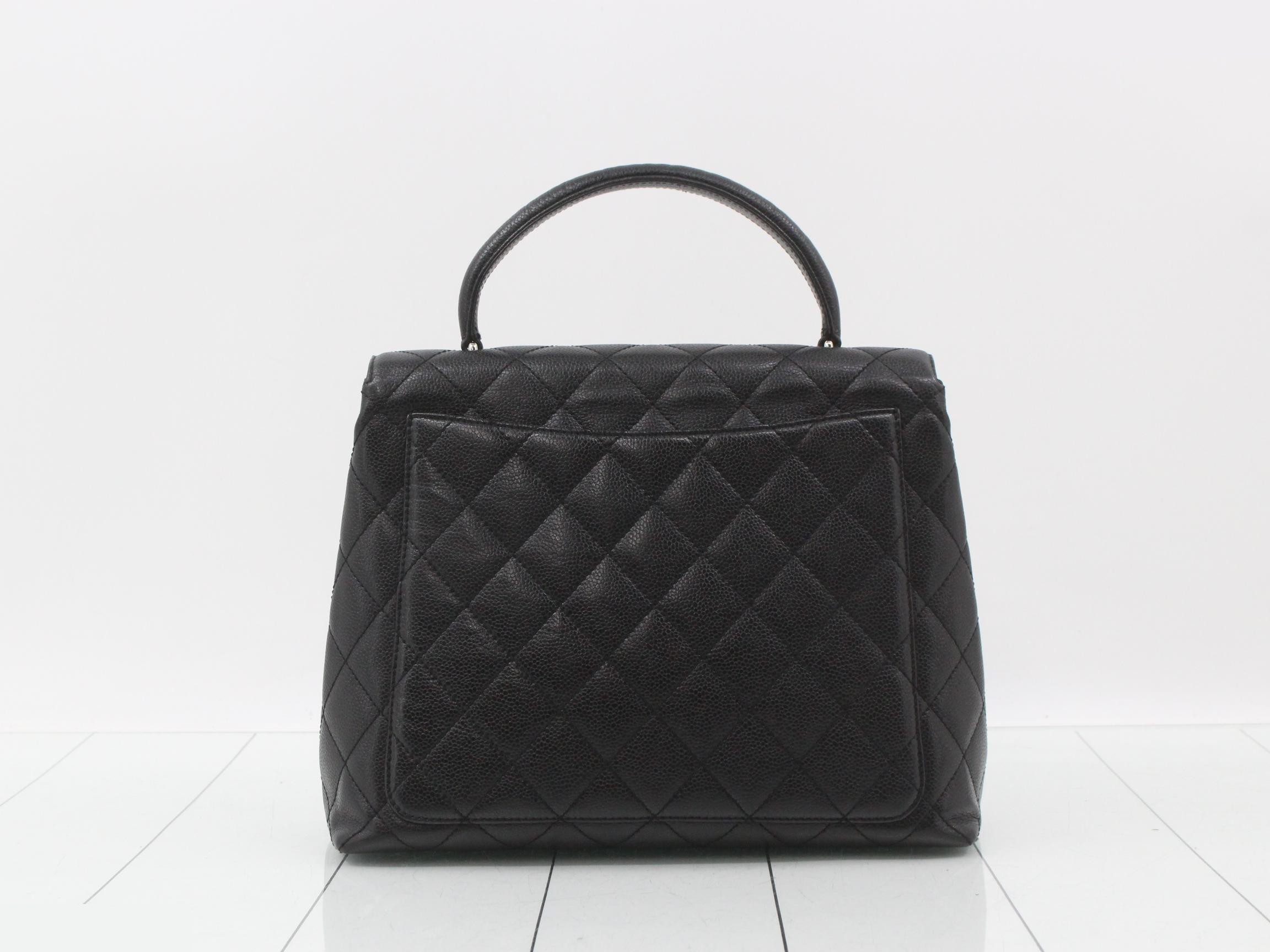 Matelassé top-handle caviar leather handbag, black — view 2