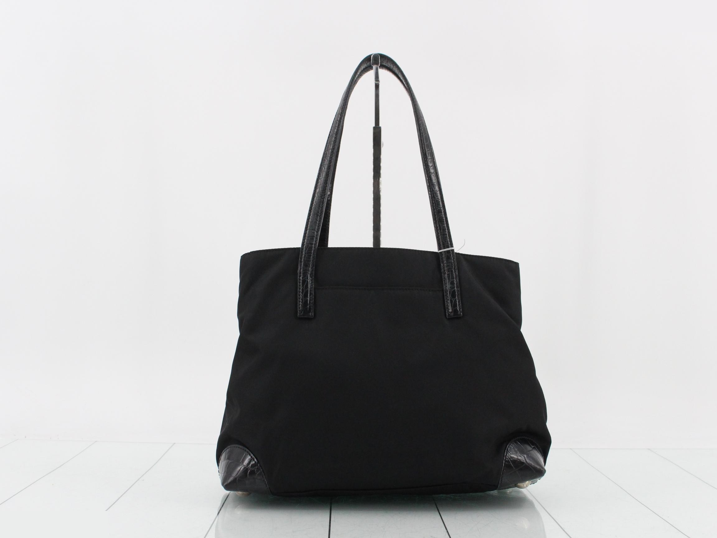 Tote bag, handbag, crocodile embossed, Italian made, nylon, leather, black — view 2