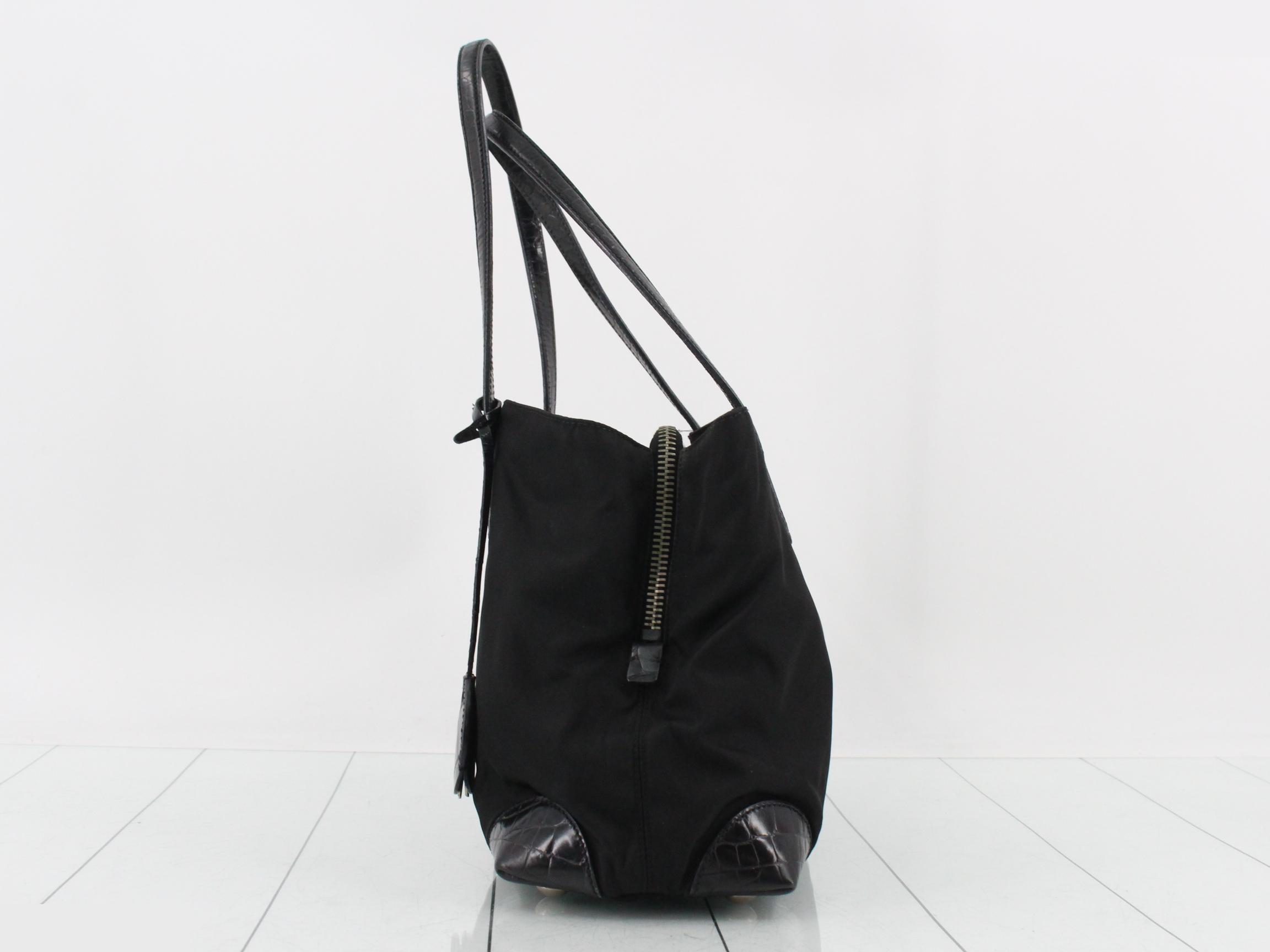 Tote bag, handbag, crocodile embossed, Italian made, nylon, leather, black — view 3