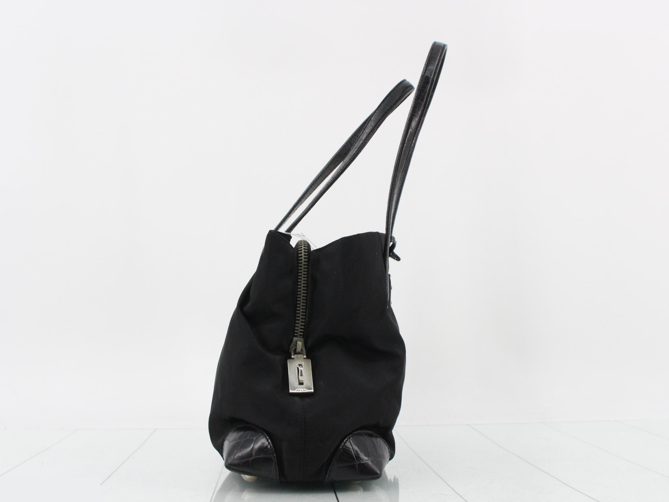 Tote bag, handbag, crocodile embossed, Italian made, nylon, leather, black — view 4