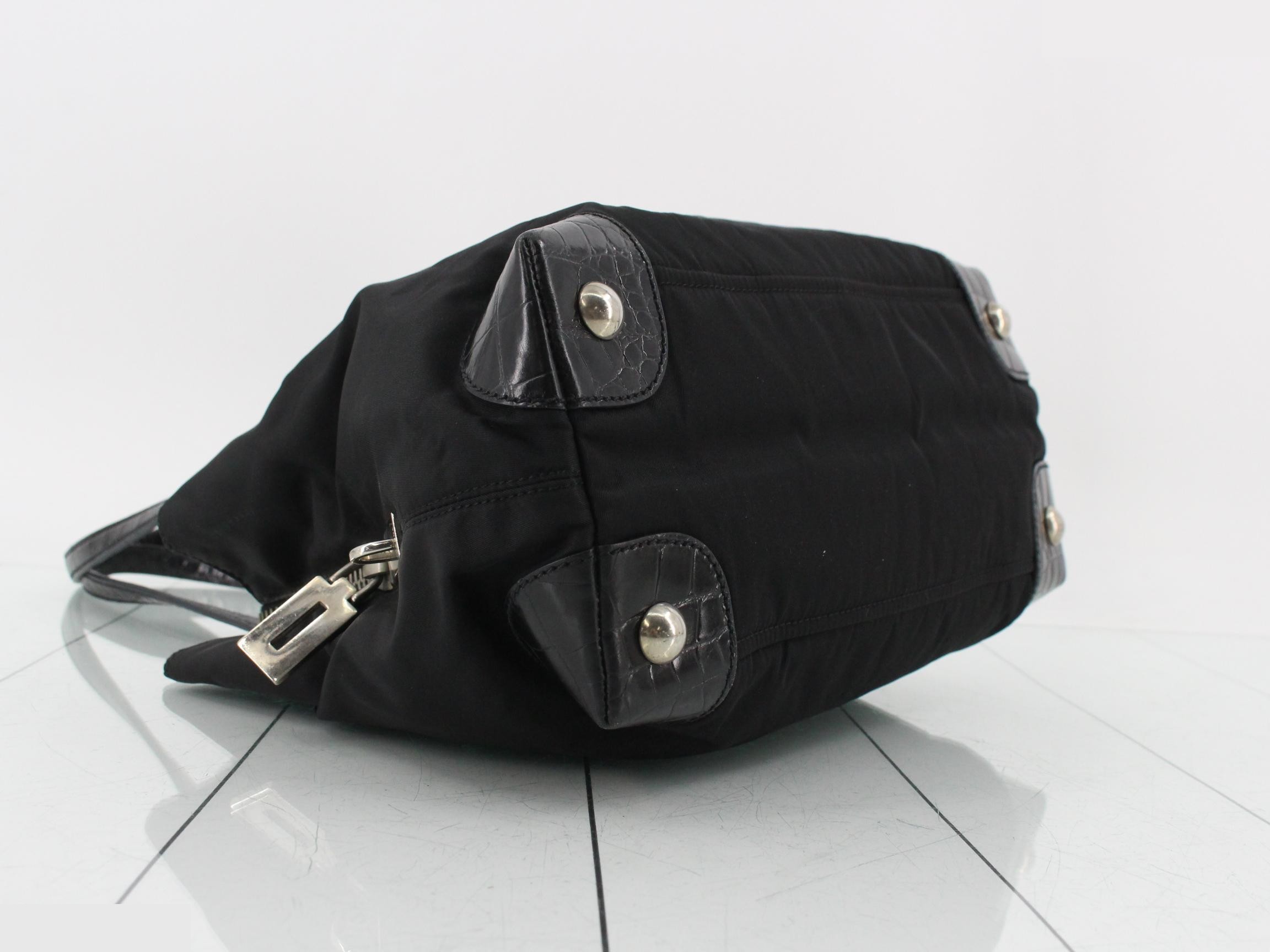 Tote bag, handbag, crocodile embossed, Italian made, nylon, leather, black — view 5