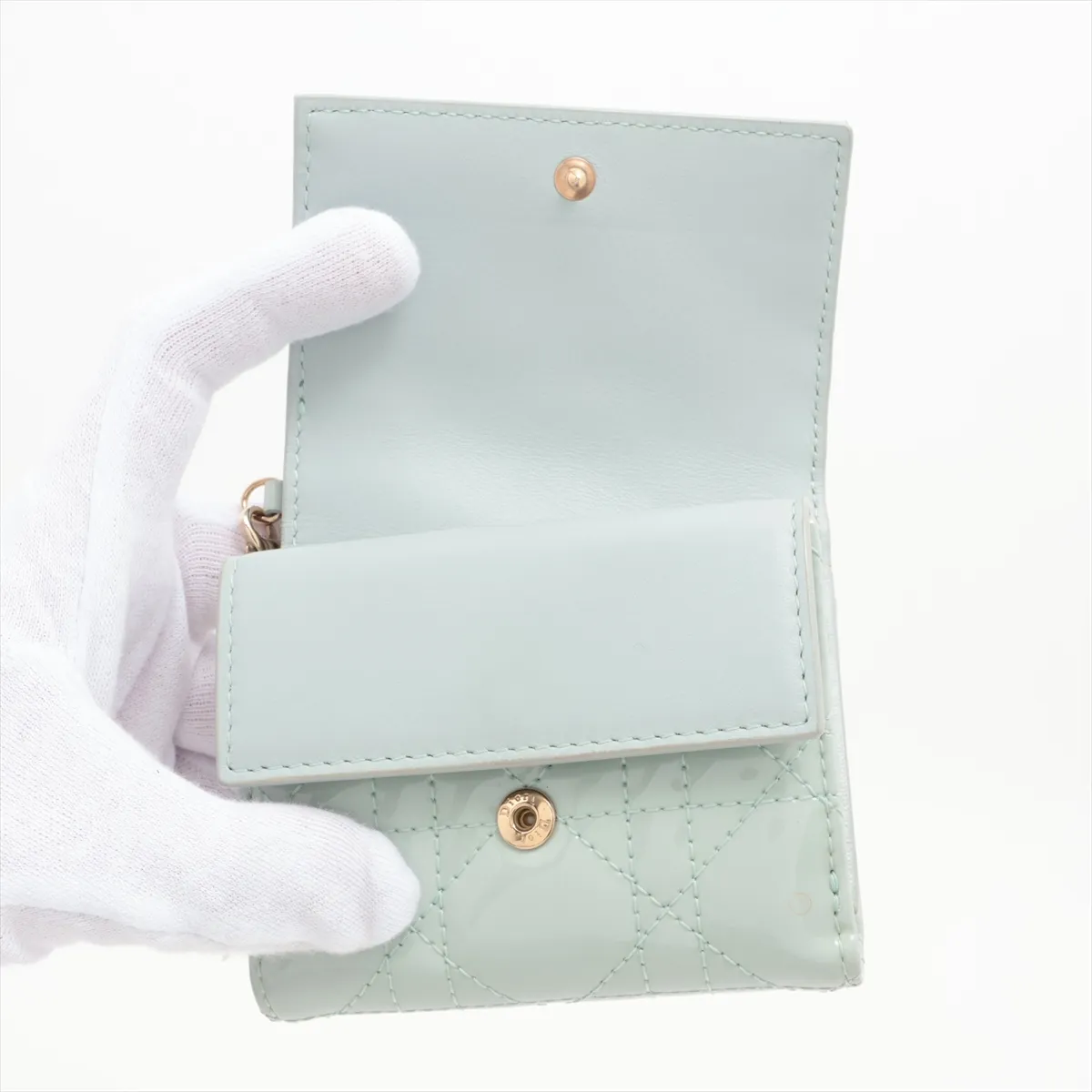 Lady Dior Cannage Patent Leather Compact Wallet Green — view 3