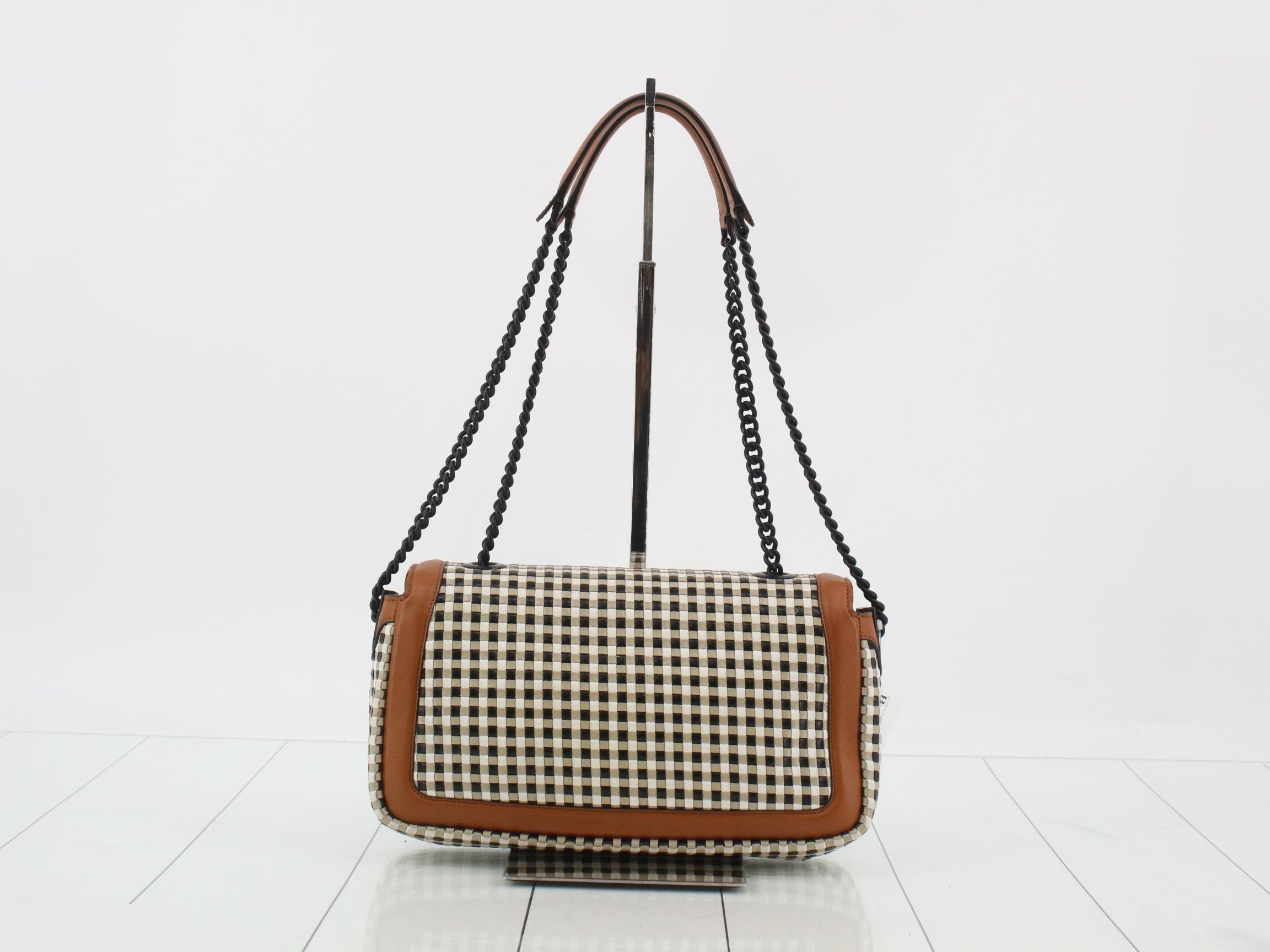 Baguette Chain Leather Check Chain Shoulder Bag, Multicolor — view 2