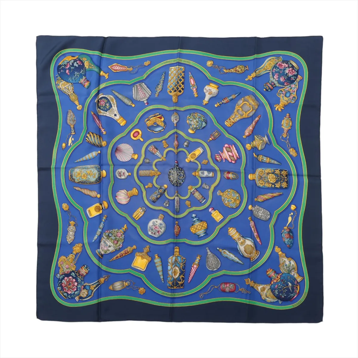 Carre 90 "Pourvu qu'on ait l'ivresse" perfume pattern scarf, silk, blue. Shows wear,