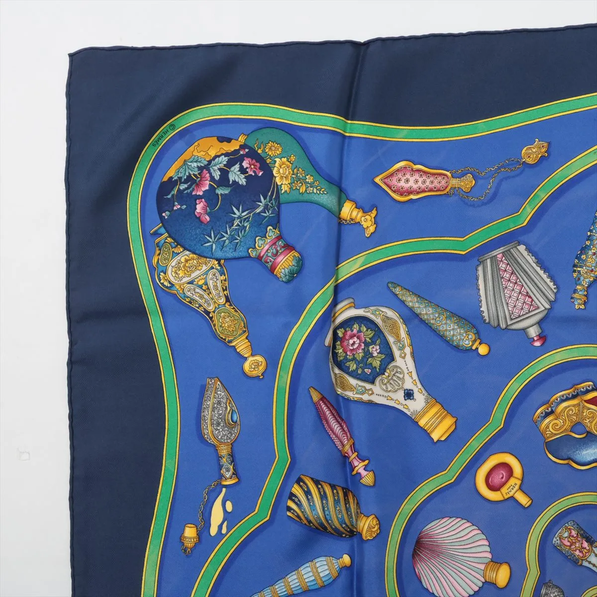 Carre 90 "Pourvu qu'on ait l'ivresse" perfume pattern scarf, silk, blue. Shows wear, — view 2