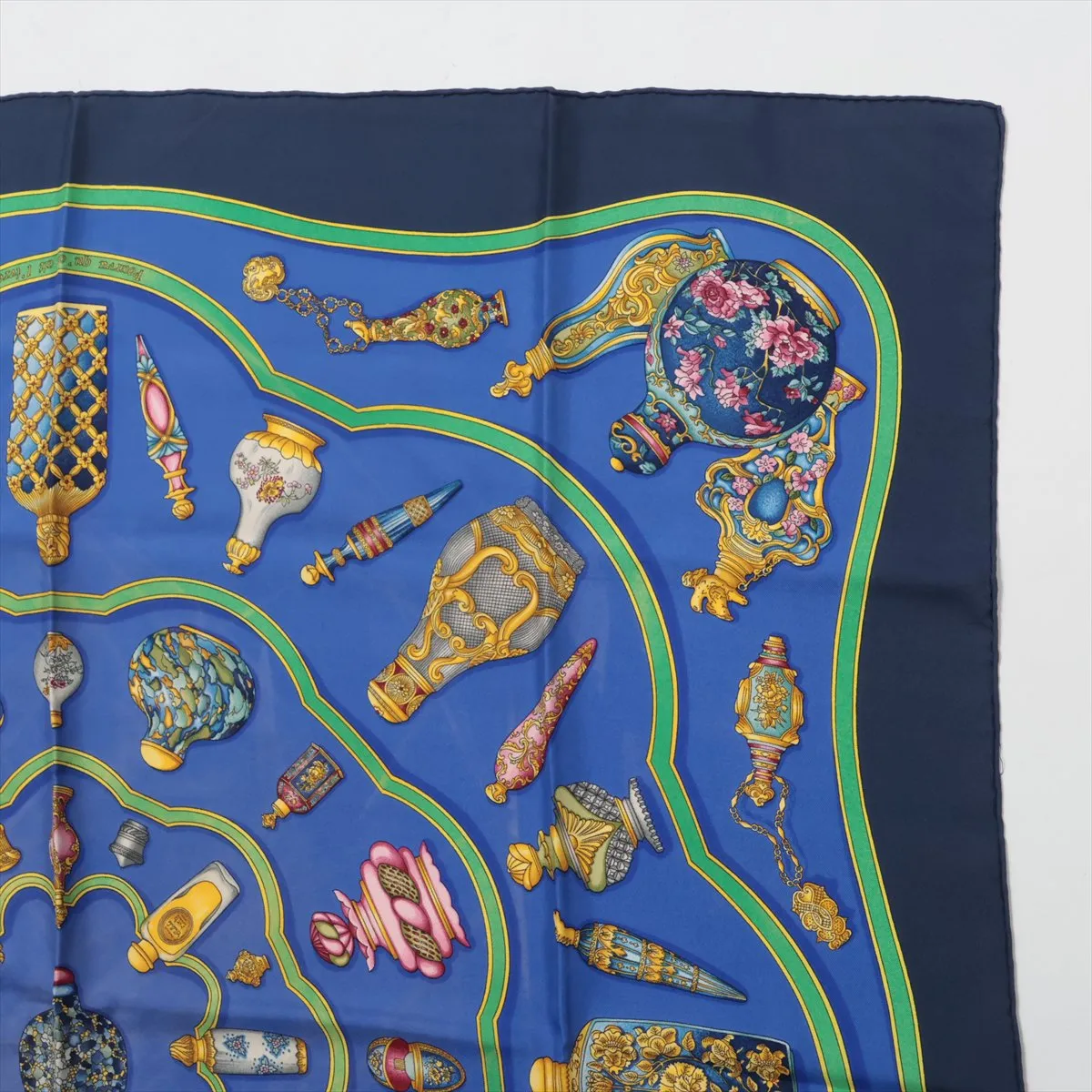 Carre 90 "Pourvu qu'on ait l'ivresse" perfume pattern scarf, silk, blue. Shows wear, — view 3