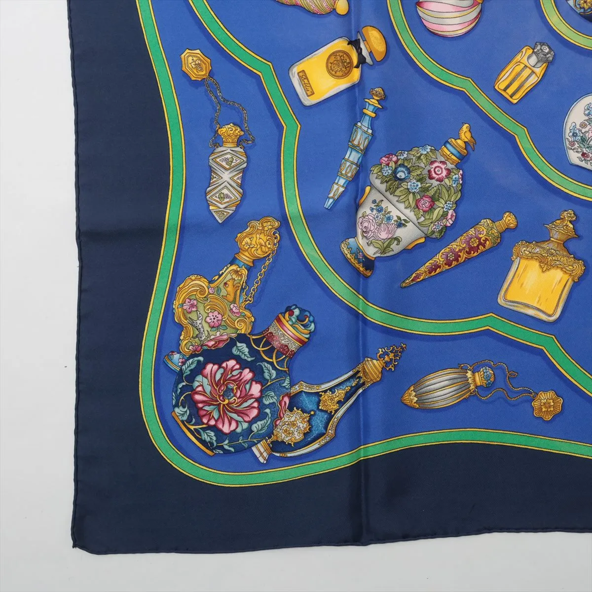Carre 90 "Pourvu qu'on ait l'ivresse" perfume pattern scarf, silk, blue. Shows wear, — view 5