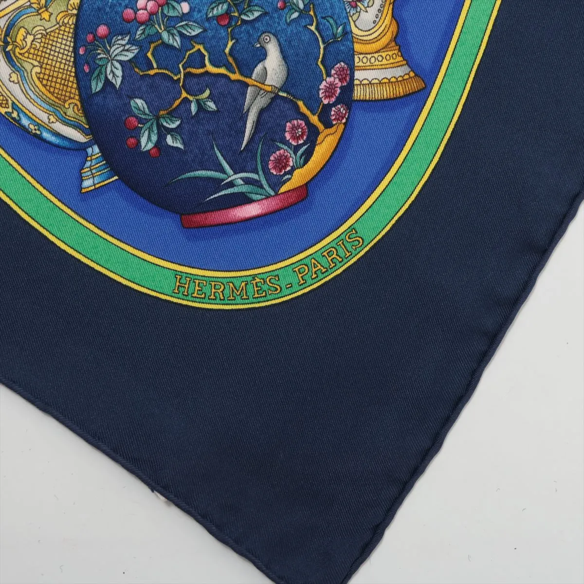 Carre 90 "Pourvu qu'on ait l'ivresse" perfume pattern scarf, silk, blue. Shows wear, — view 6