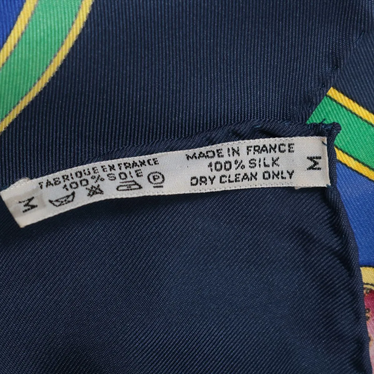 Carre 90 "Pourvu qu'on ait l'ivresse" perfume pattern scarf, silk, blue. Shows wear, — view 7