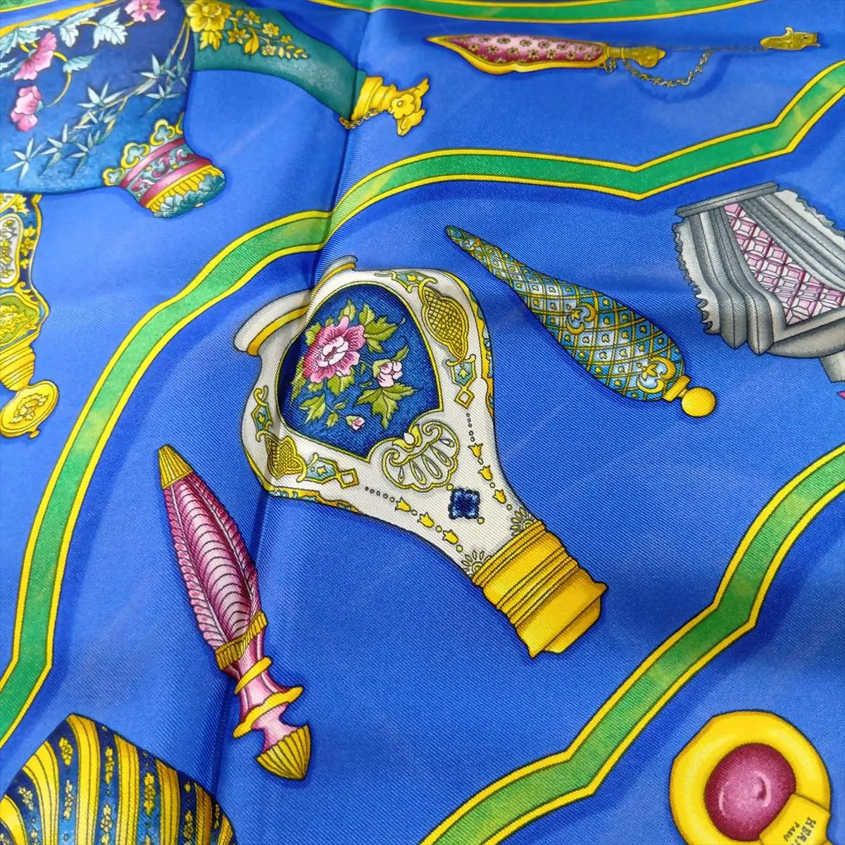 Carre 90 "Pourvu qu'on ait l'ivresse" perfume pattern scarf, silk, blue. Shows wear, — view 8