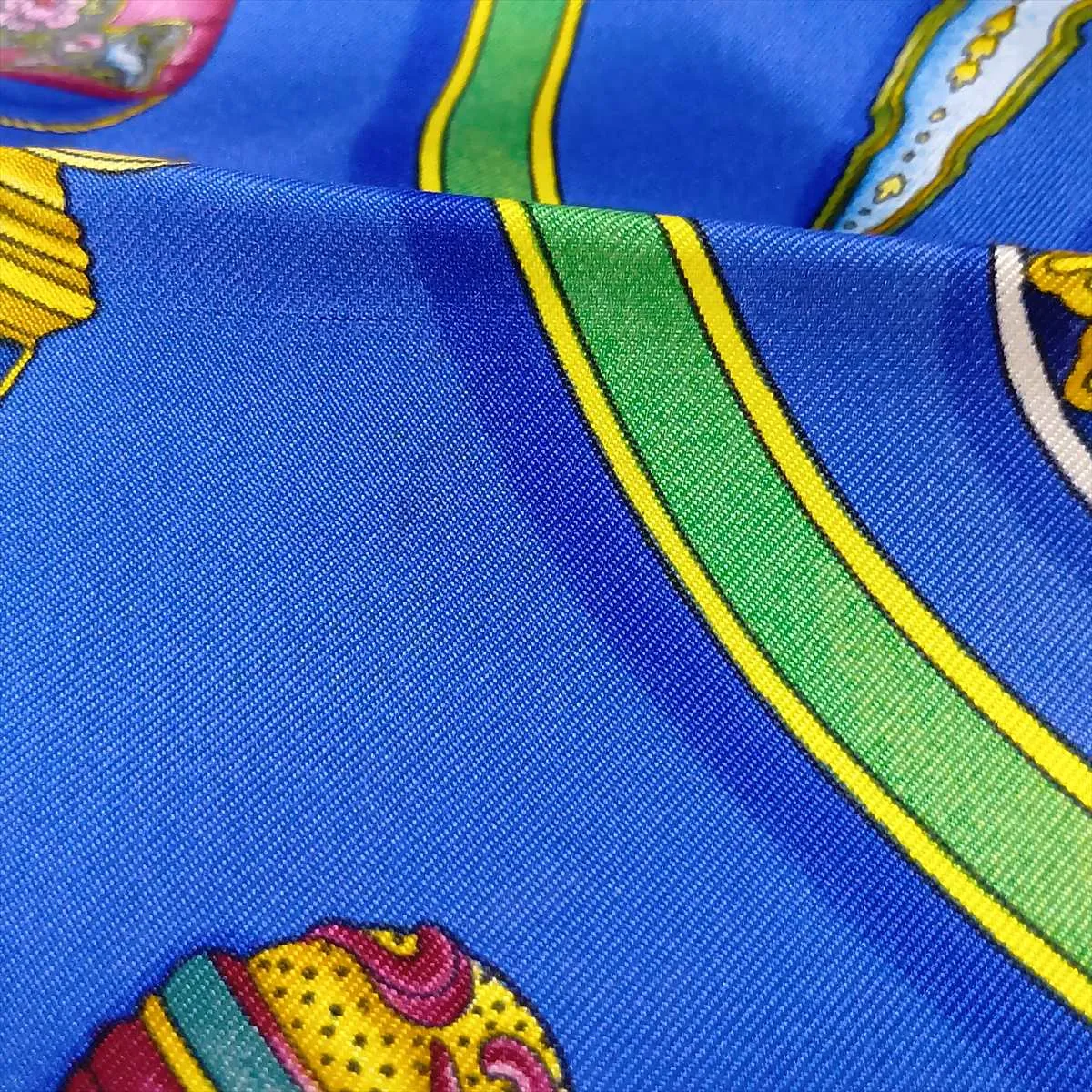 Carre 90 "Pourvu qu'on ait l'ivresse" perfume pattern scarf, silk, blue. Shows wear, — view 10