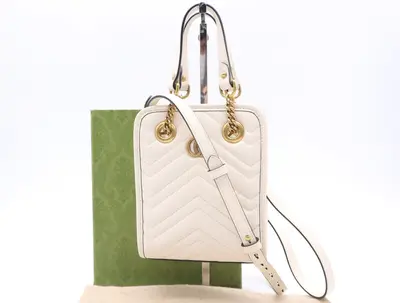 Leather GG Marmont Mini Bag, White, Gold Hardware, with Shoulder Strap