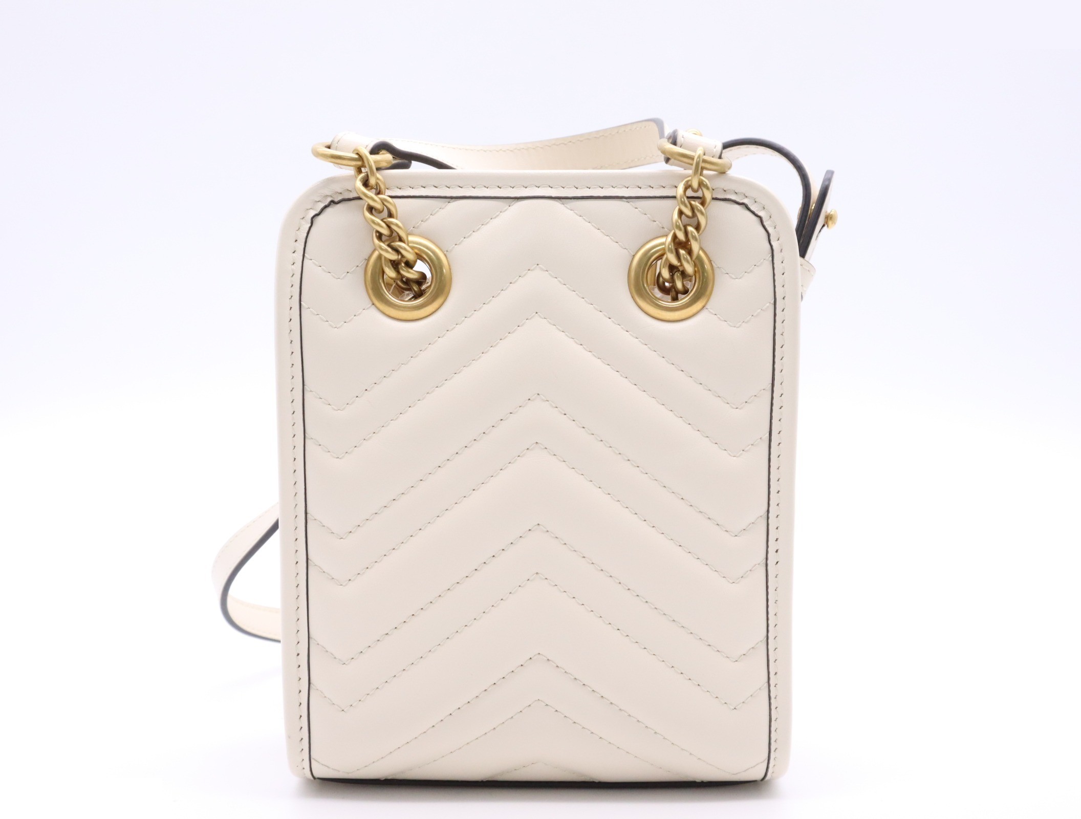 Leather GG Marmont Mini Bag, White, Gold Hardware, with Shoulder Strap — view 2