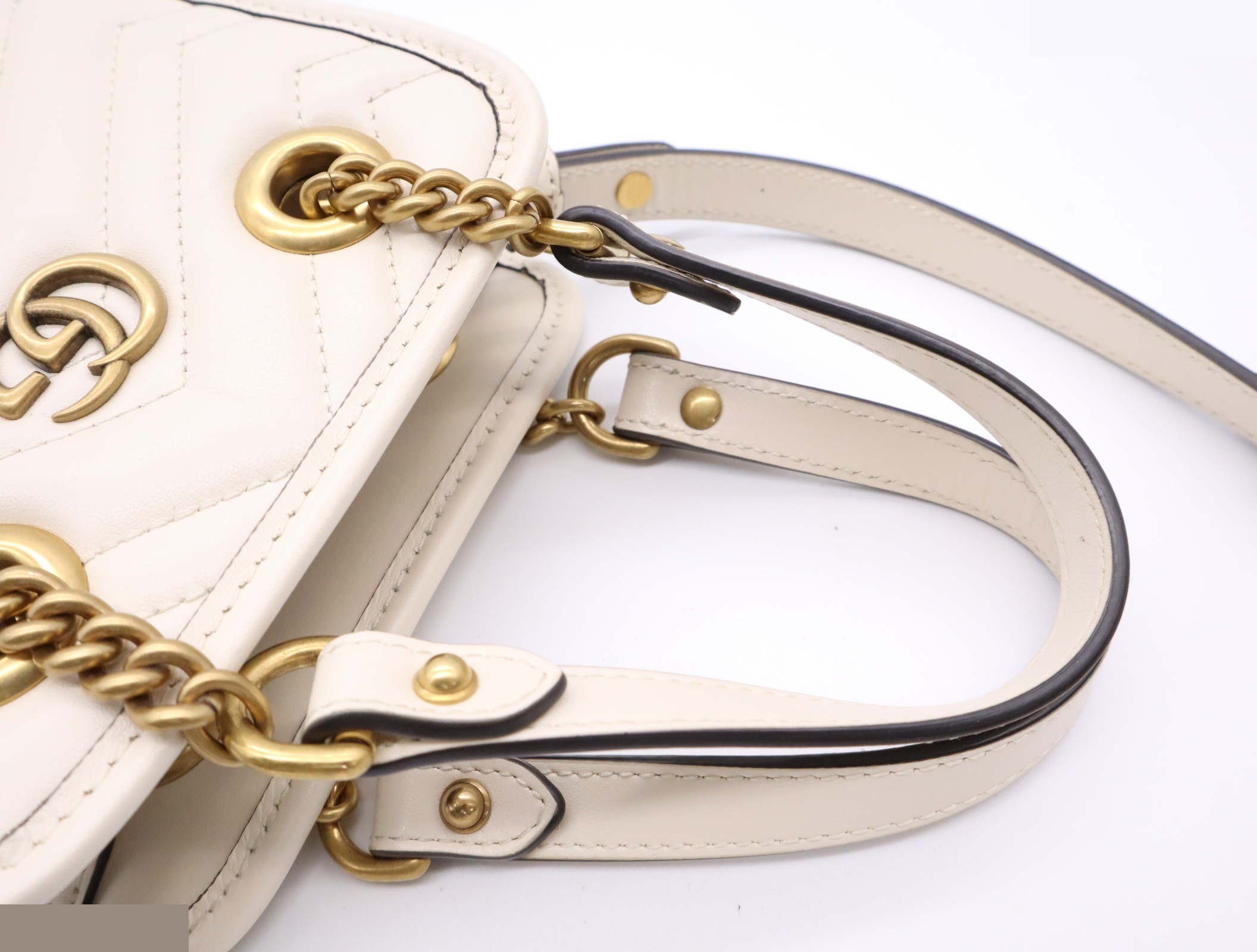 Leather GG Marmont Mini Bag, White, Gold Hardware, with Shoulder Strap — view 7