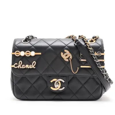 [Individually packaged] Chanel Mini Matelassé Lambskin Single Flap Double Chain Bag, Pearl Black, Gold x Silver Hardware, N7KTHLJC, Random Plate