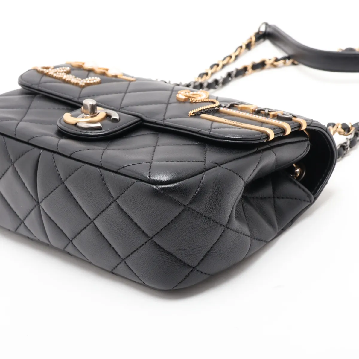 [Individually packaged] Chanel Mini Matelassé Lambskin Single Flap Double Chain Bag, Pearl Black, Gold x Silver Hardware, N7KTHLJC, Random Plate — view 3