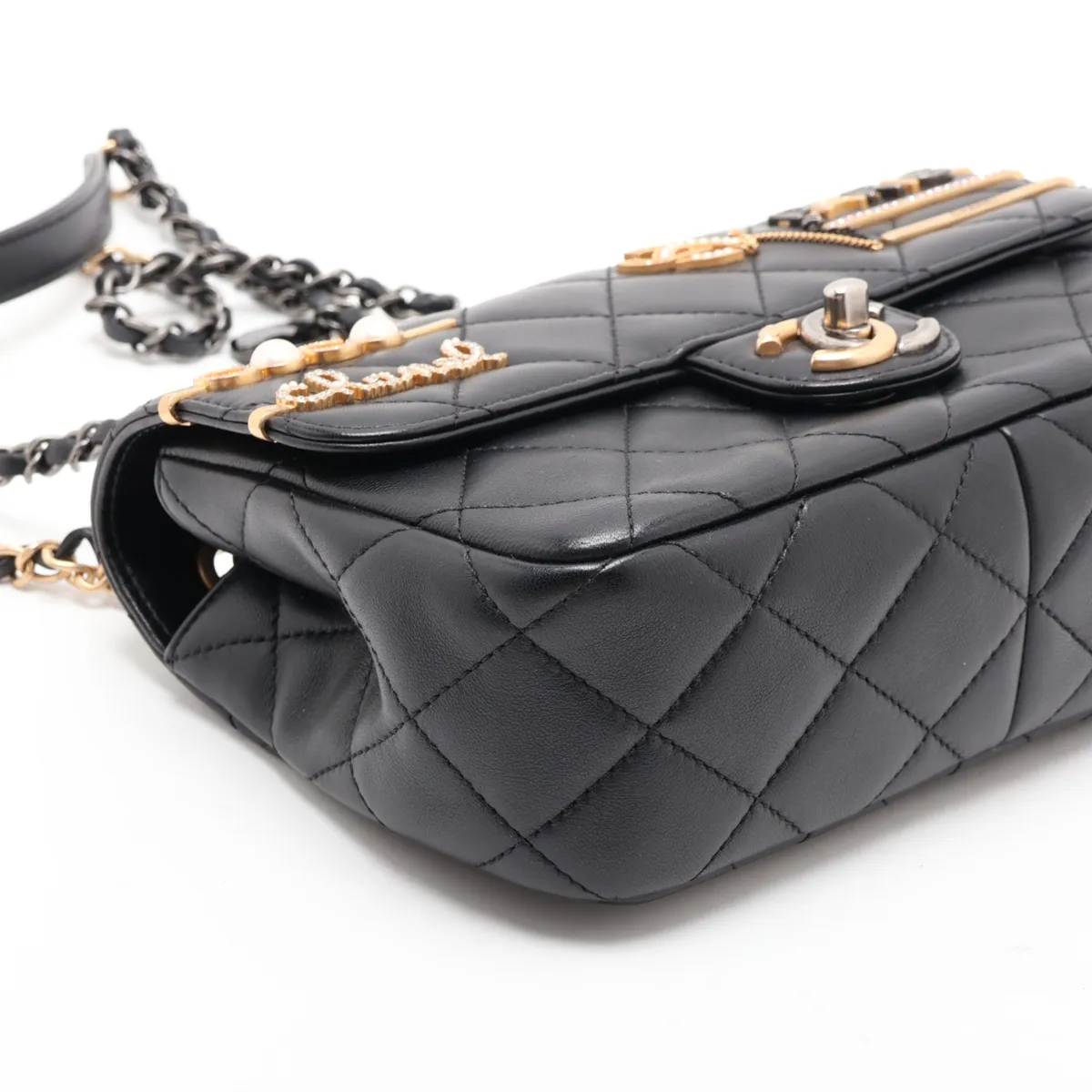 [Individually packaged] Chanel Mini Matelassé Lambskin Single Flap Double Chain Bag, Pearl Black, Gold x Silver Hardware, N7KTHLJC, Random Plate — view 4