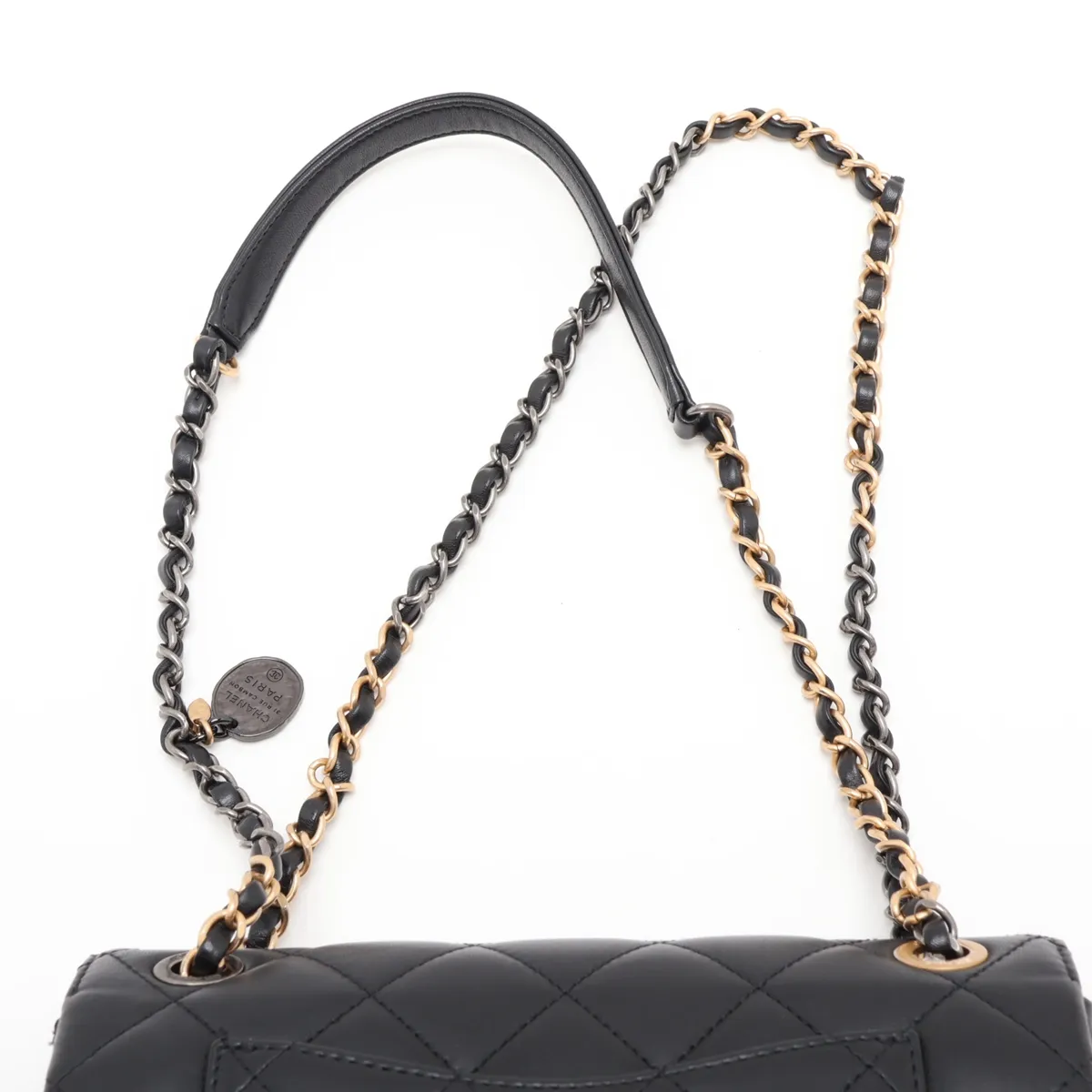 [Individually packaged] Chanel Mini Matelassé Lambskin Single Flap Double Chain Bag, Pearl Black, Gold x Silver Hardware, N7KTHLJC, Random Plate — view 6