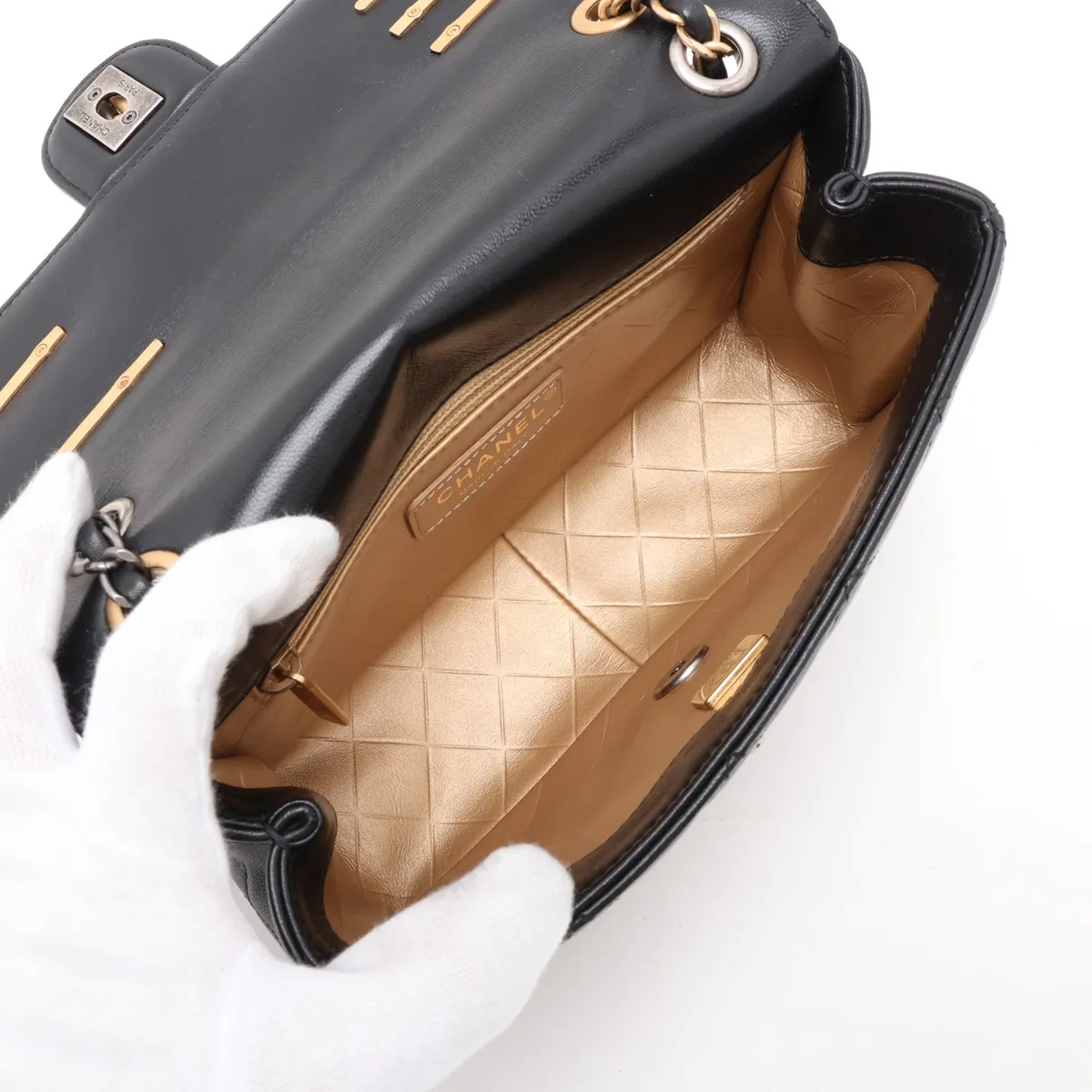[Individually packaged] Chanel Mini Matelassé Lambskin Single Flap Double Chain Bag, Pearl Black, Gold x Silver Hardware, N7KTHLJC, Random Plate — view 7