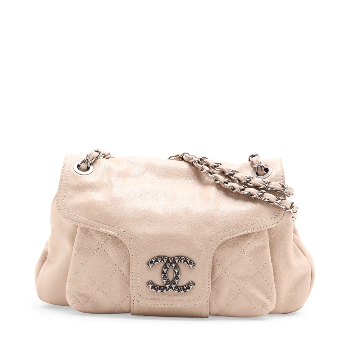 Matelassé Caviar Skin Single Flap Double Chain Bag, Beige, Gunmetal Hardware, 13352903, Serial Number 13