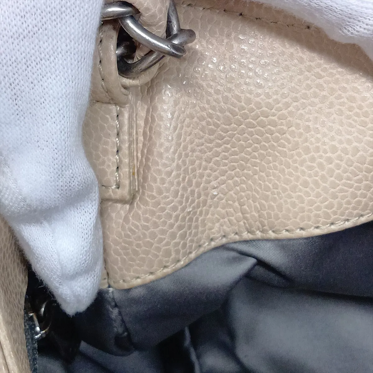 Matelassé Caviar Skin Single Flap Double Chain Bag, Beige, Gunmetal Hardware, 13352903, Serial Number 13 — view 15