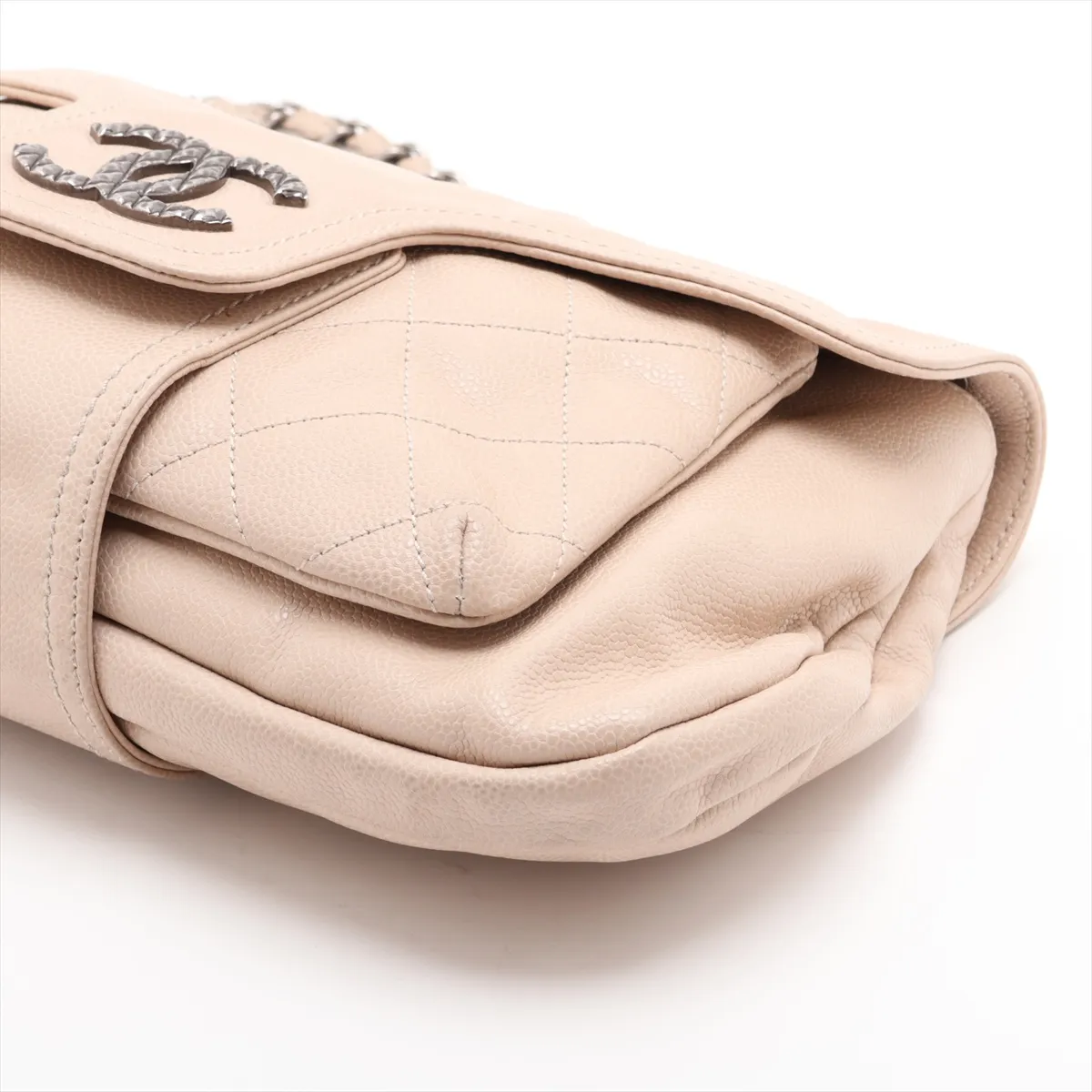 Matelassé Caviar Skin Single Flap Double Chain Bag, Beige, Gunmetal Hardware, 13352903, Serial Number 13 — view 3