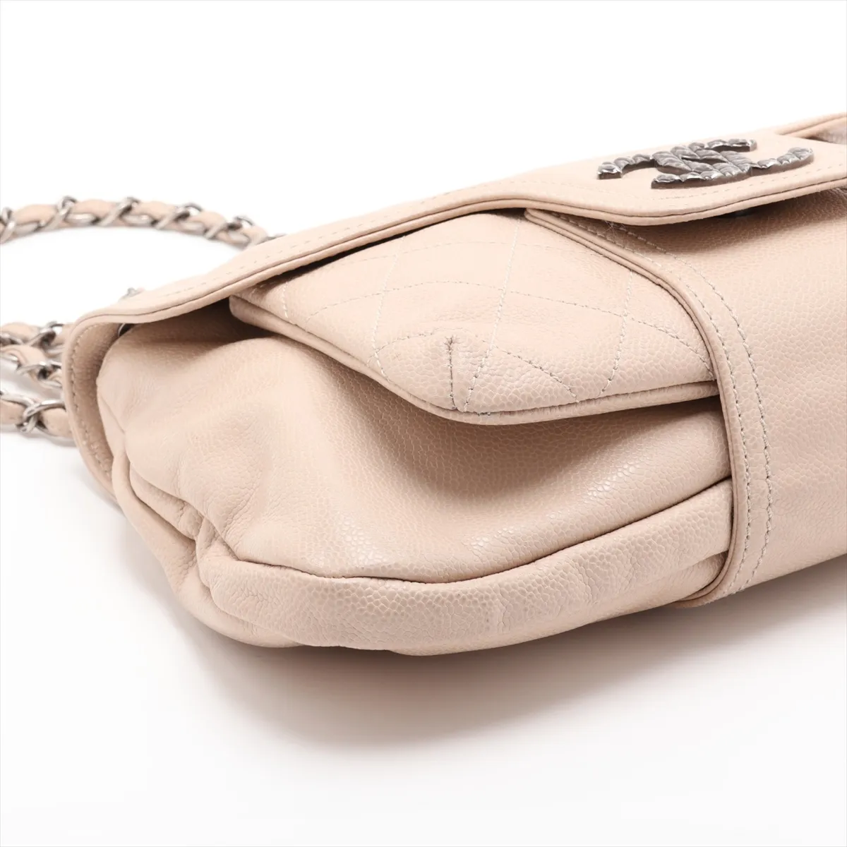 Matelassé Caviar Skin Single Flap Double Chain Bag, Beige, Gunmetal Hardware, 13352903, Serial Number 13 — view 4